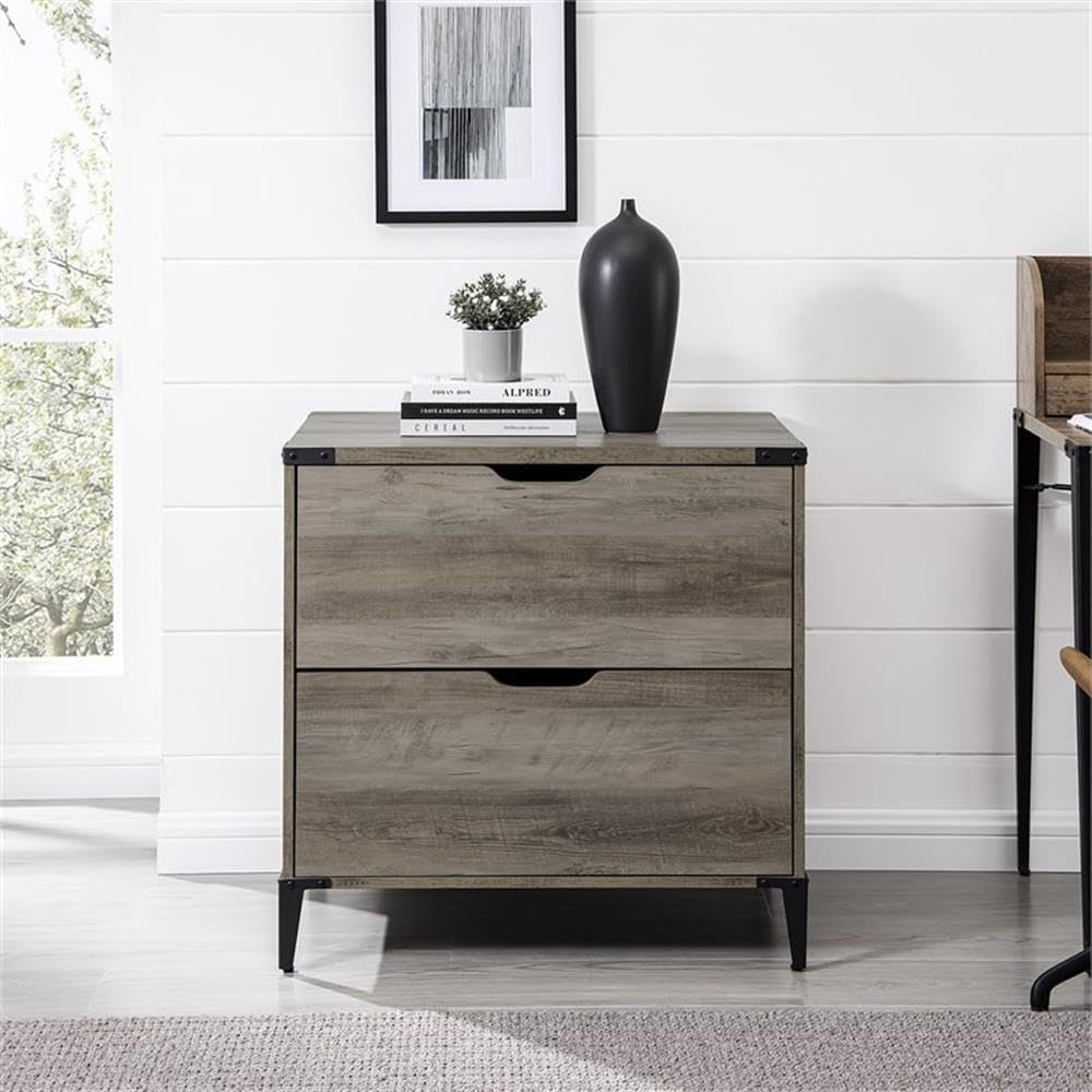Walker Edison Harrison Modern Farmhouse 2-Drawer Angle Iron Filing Cabinet, 30 Inch Grey Wash - Stylish Home Office Storage for Documents & Supplies