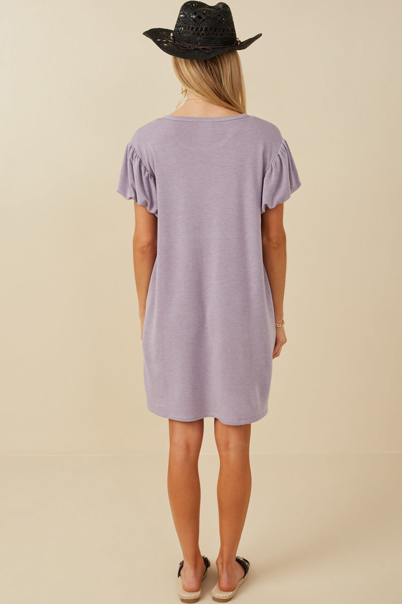 Stylish Gathered Puff Sleeve French Terry Knit Dress for Women | Comfortable Casual & Lounge Wear | Perfect for Brunch, Office, and Weekend Outings