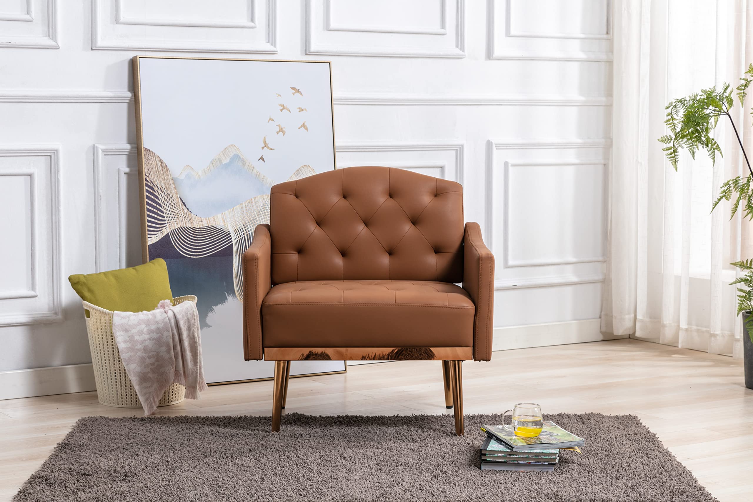Modern PU Leather Accent Chair - Single Sofa Upholstered Armchair with Comfortable Cushion | Lounge Club Chair for Living Room, Bedroom, Office, Reading Nook & Dressing Room (Brown) - Stylish Home Decor & Relaxation Seating