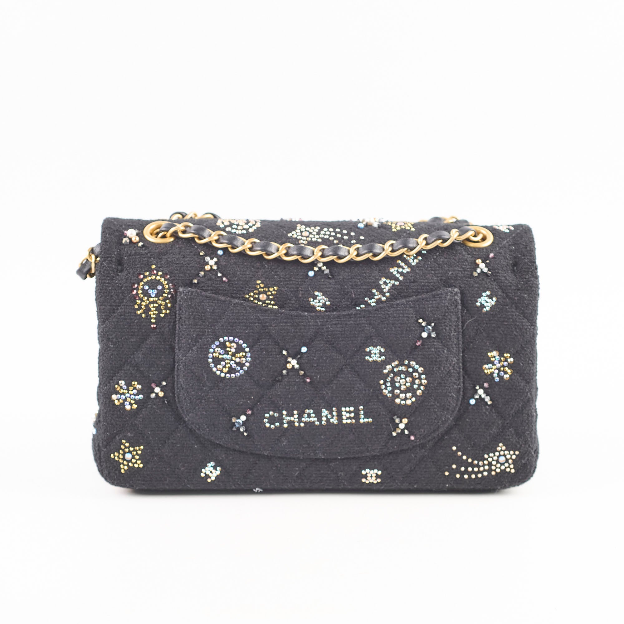 Chanel Medium Classic Crystal Embellished Flap Bag Black Microchip - Luxury Designer Handbag for Women, Evening Parties & Special Occasions