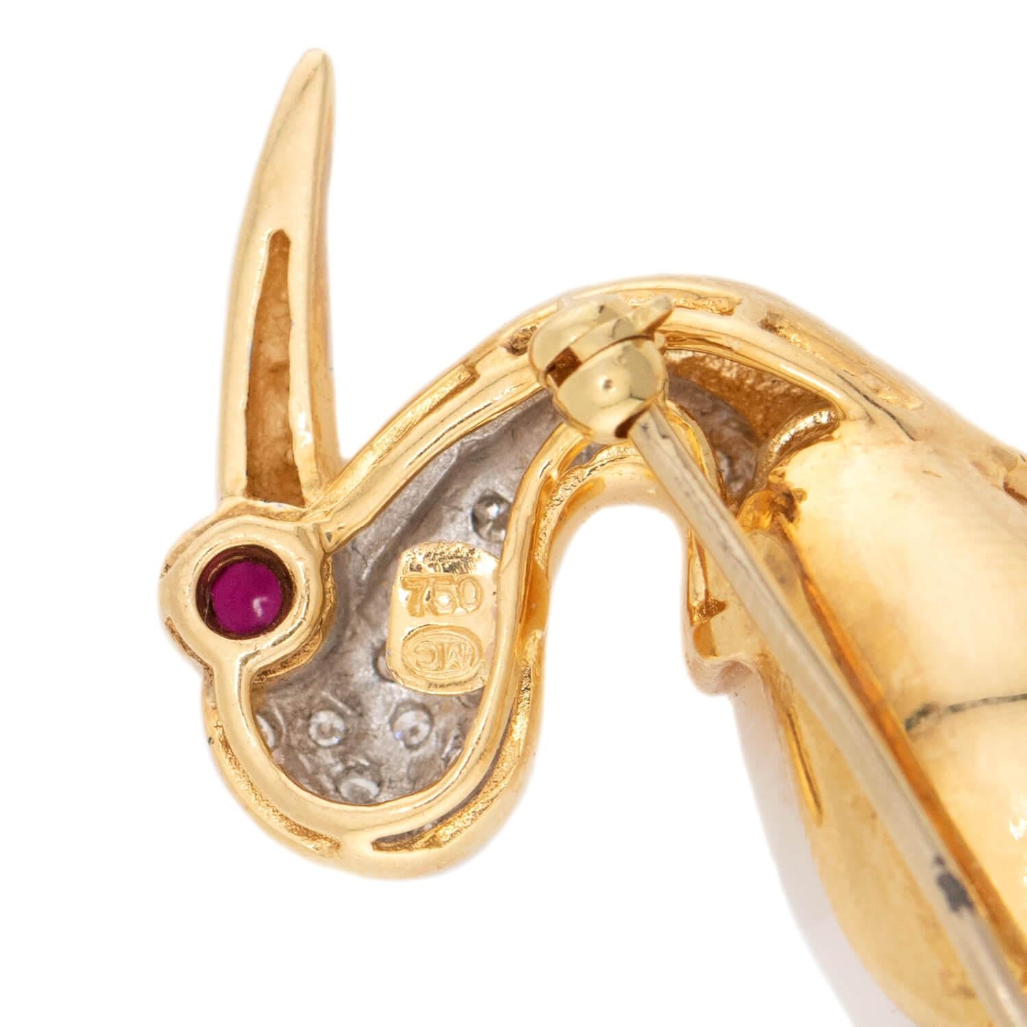 18k Gold Diamond Ruby Pearl Heron Brooch Pin - Elegant Vintage Jewelry for Women, Perfect Gift for Weddings, Anniversaries & Special Occasions