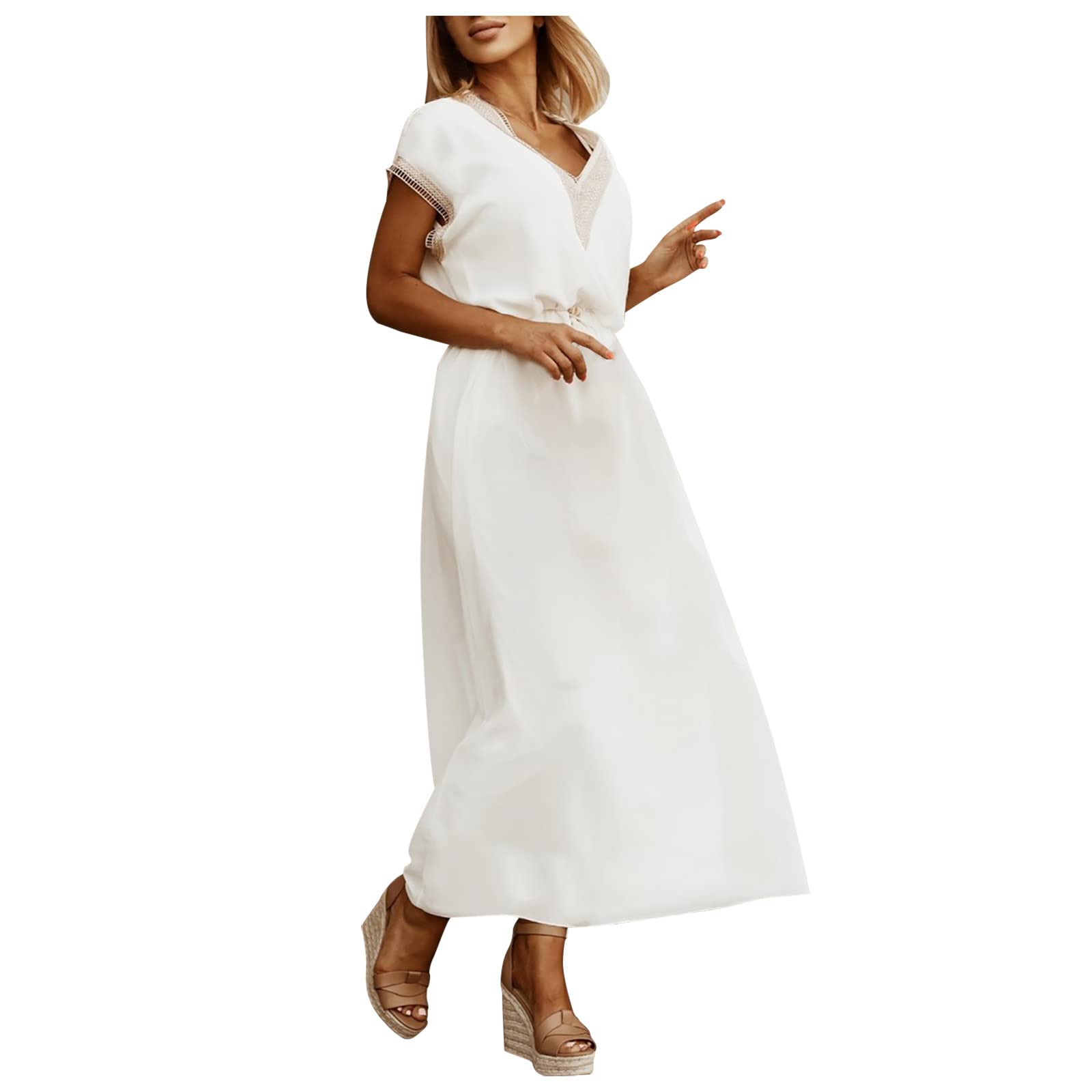 Plus Size Maxi Dress for Women - V Neck Solid Color Lace Short Sleeve Long Skirt with Belt | Summer Beach Wedding Party Casual Wear