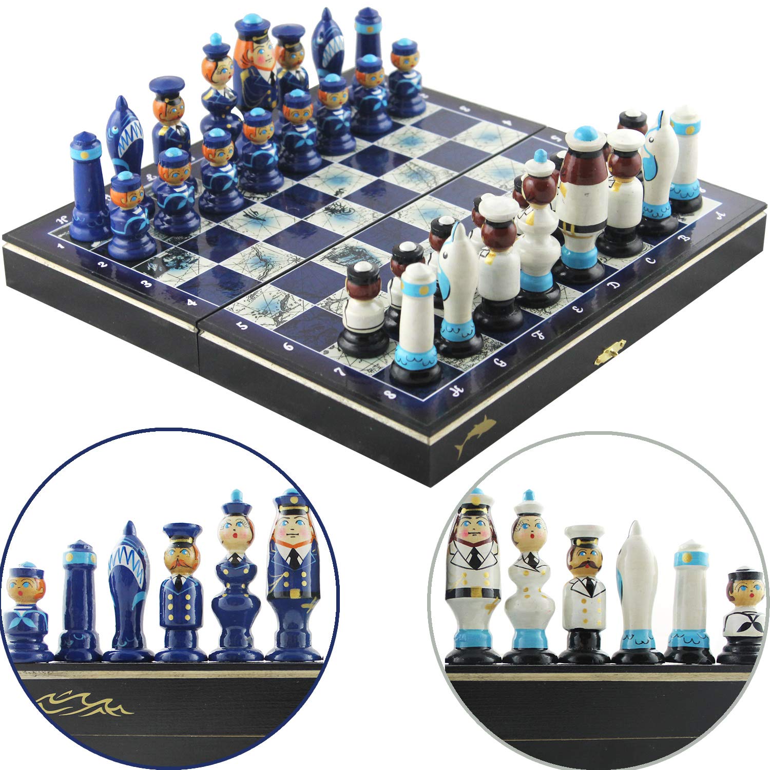 Handmade Nautical Themed Chess Set - Wooden Russian Doll Sailor Chess Pieces - Beach & Sailboat Decor - Perfect Gift for Boaters & Navy Enthusiasts | Ideal for Home Decor, Game Nights & Maritime-Themed Parties