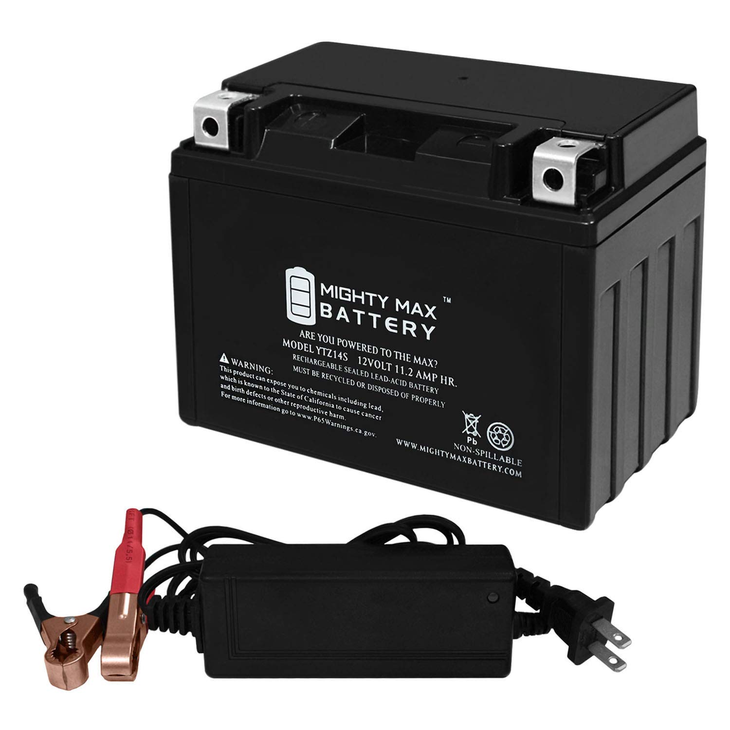 Mighty Max YTZ14S 12V 11.2Ah AGM Battery Replacement for BMW Motorcycles (Fits Part# 61217708598) with 12V 2A Smart Charger - Powers R1200GS, R1250GS, K1600 & More - Perfect for Long Rides & Off-Road Adventures