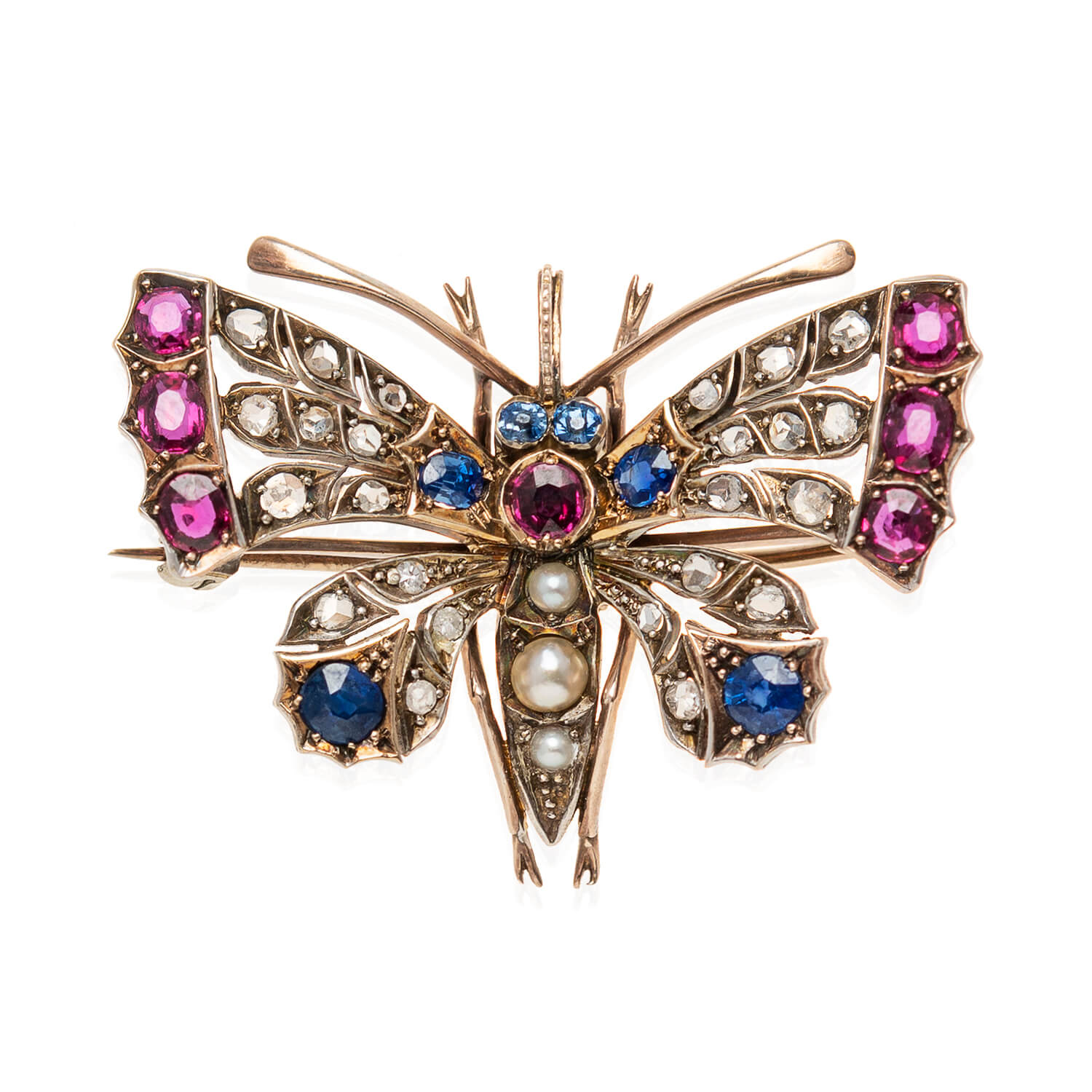 Exquisite Art Nouveau 14K Gold & Sterling Silver Butterfly Brooch Pin with Sapphire, Ruby, Diamond & Pearl - Convertible Pendant for Vintage Jewelry Collection - Perfect for Weddings, Parties & Special Occasions