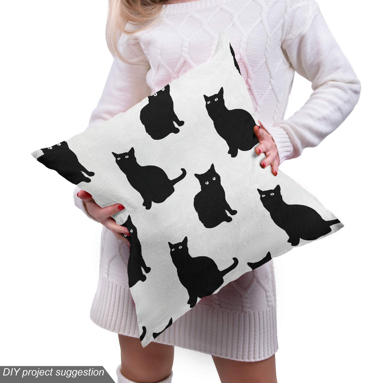 Ambesonne Black Cat on White Fabric by The Yard - Playful Friendly Animal Print Upholstery Material for Sofa, Curtains & Home Decor (5 Yards) - Perfect for Pet Lovers' Living Room & Bedroom Decorations