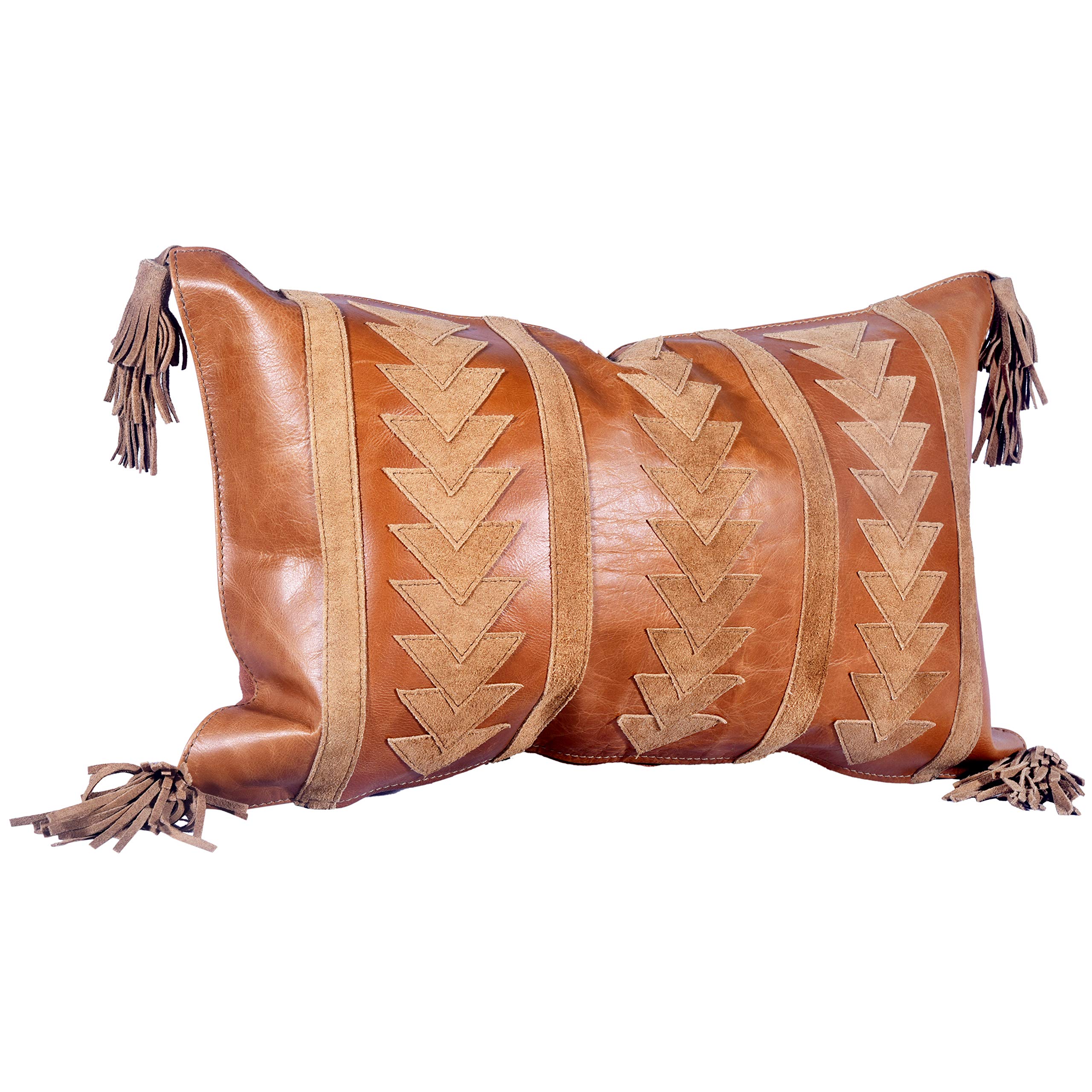 HiEnd Accents Genuine Leather & Suede Arrow Tassel Throw Pillow - 12x20 Inch Western Rustic Lumbar Pillow in Tan | Perfect for Living Room Sofa, Bedroom Decor & Cowboy-Themed Home Accents