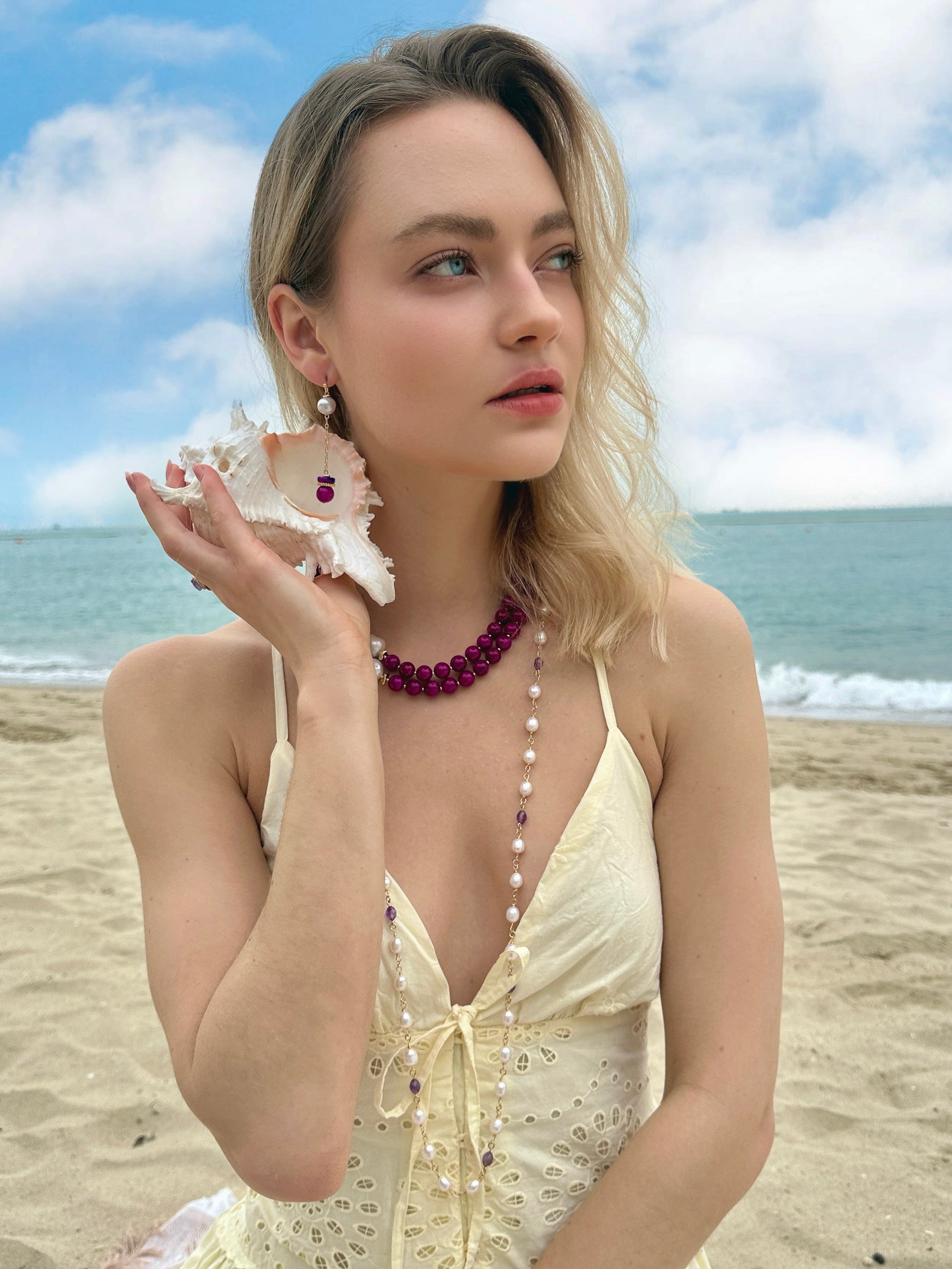 Elegant Gray Freshwater Pearl & Magenta Gemstone Dangle Earrings LE008 | Perfect for Weddings, Parties & Special Occasions