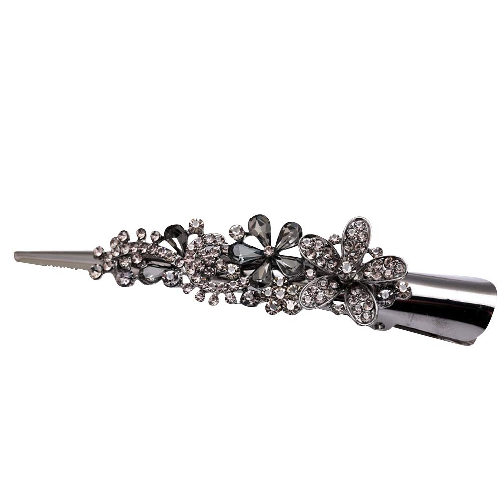 Elegant Rhinestone Flower Hair Barrettes - Large Double Row Teeth Metal Duck Bill Hair Clips for Women & Girls (Grey) | Perfect for Weddings, Parties & Everyday Styling
