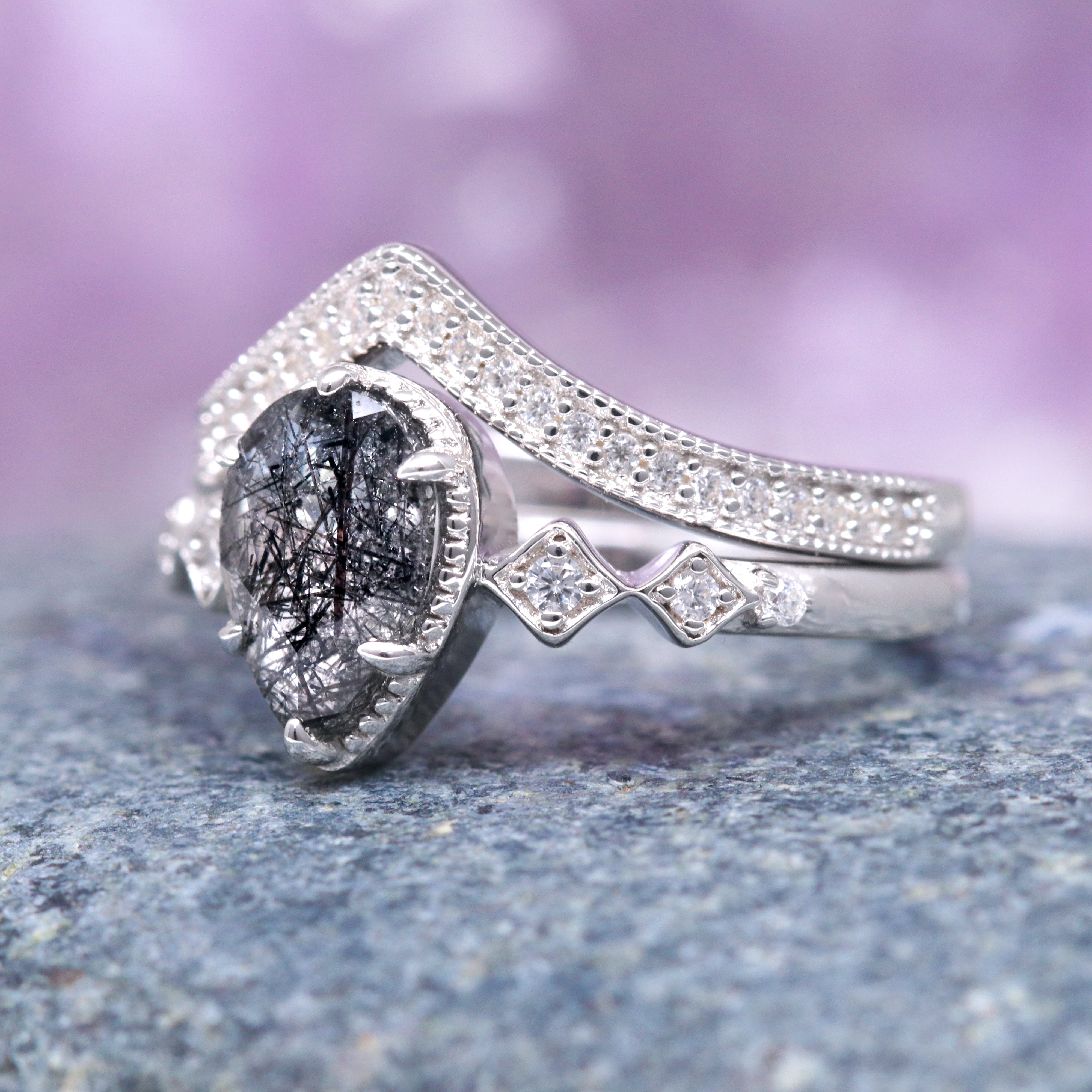 Teardrop Rutilated Quartz Engagement Ring Set in Sterling Silver - Elegant Wedding Jewelry for Proposals, Anniversaries & Special Occasions