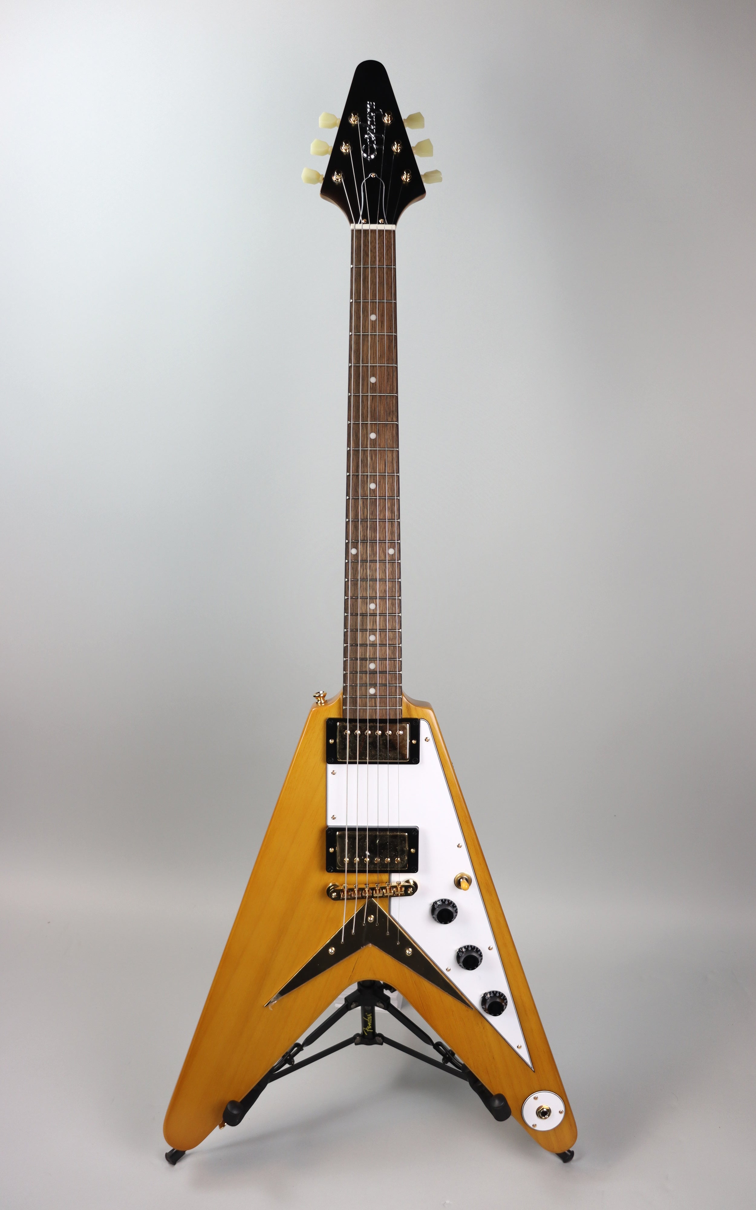 Epiphone 1958 Korina Flying V Electric Guitar - White Pickguard, Aged Natural Finish | Vintage-Inspired Design for Rock & Blues Musicians