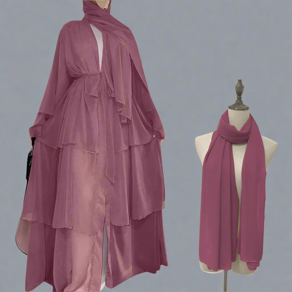 Elegant 3-Layer Chiffon Open Abaya Dress with Matching Hijab for Muslim Women - Perfect for Prayer, Modest Fashion & Special Occasions