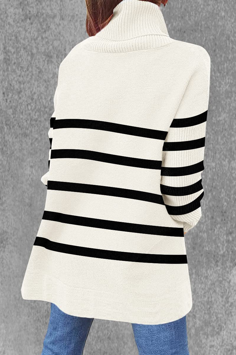 Women's Oversized Turtleneck Sweater - Long Sleeve Striped Knit Pullover with Split Hem | Cozy Winter Fashion for Casual Outfits & Office Wear