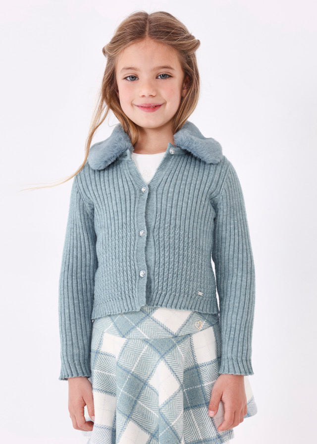 4309 Bluebell Faux Fur Collar Cardigan for Girls - Cozy Winter Sweater for School & Casual Outfits