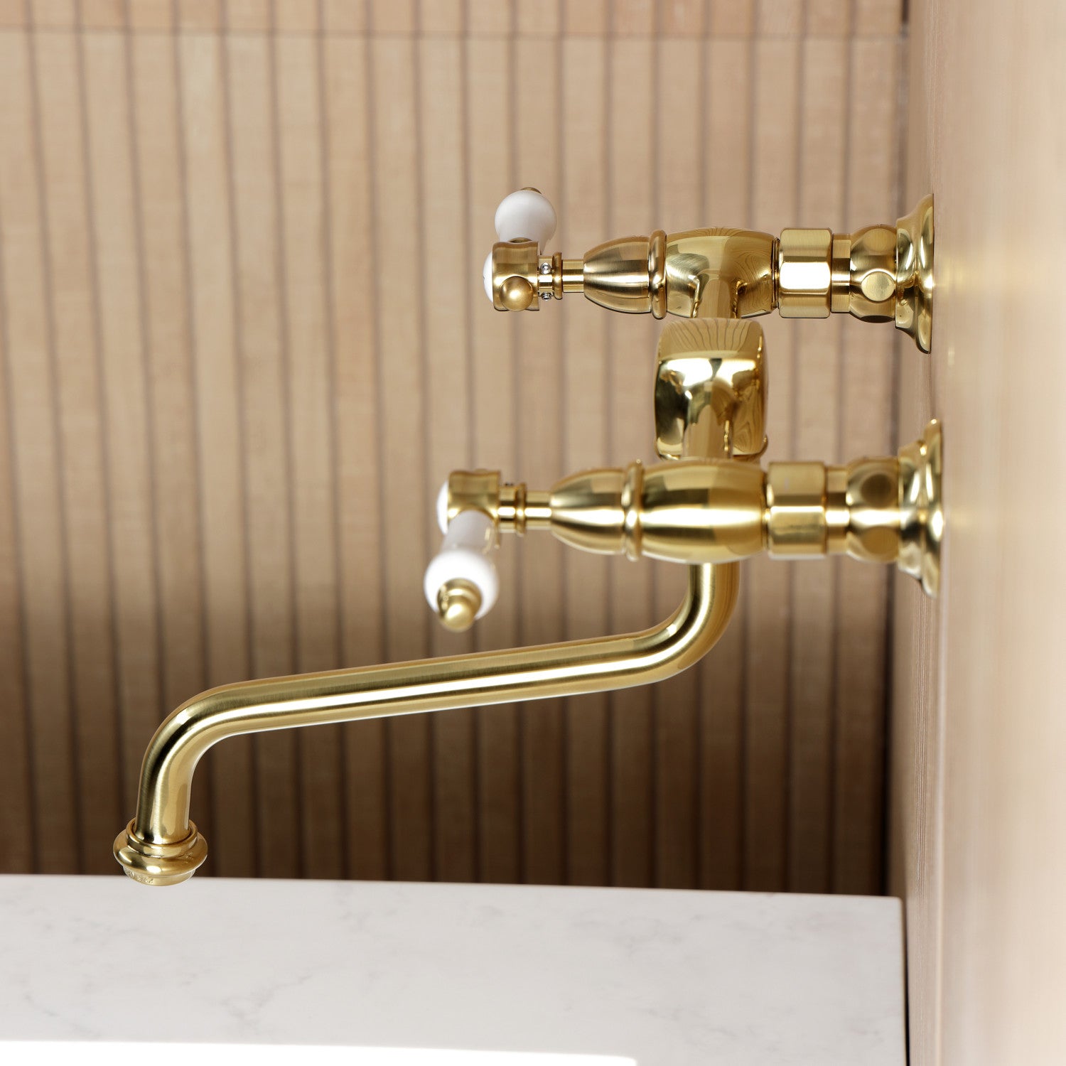 Bel Air KS1217BPL Double Handle 2 Hole Wall Mount Bathroom Faucet in Brushed Brass - Perfect for Modern Bathrooms, Powder Rooms, and Spa-Like Retreats