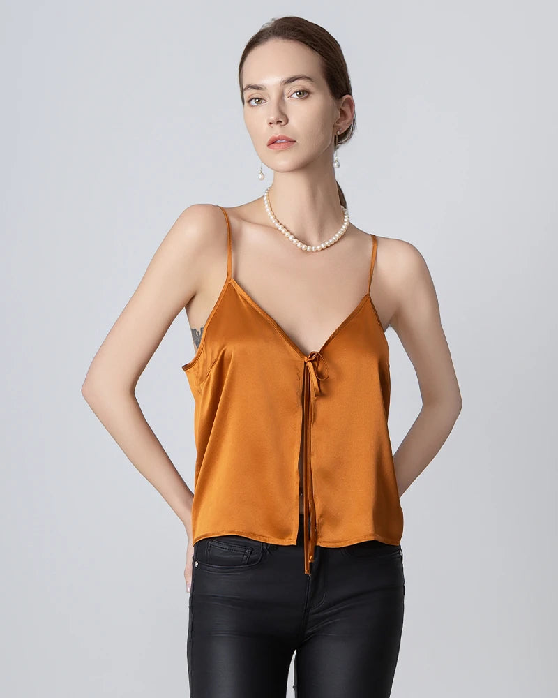 Elegant V-Neck Front Open Silk Camisole for Women - Soft & Breathable Sleepwear, Loungewear & Layering Piece - Perfect for Bedtime, Relaxing at Home or Under Blazers