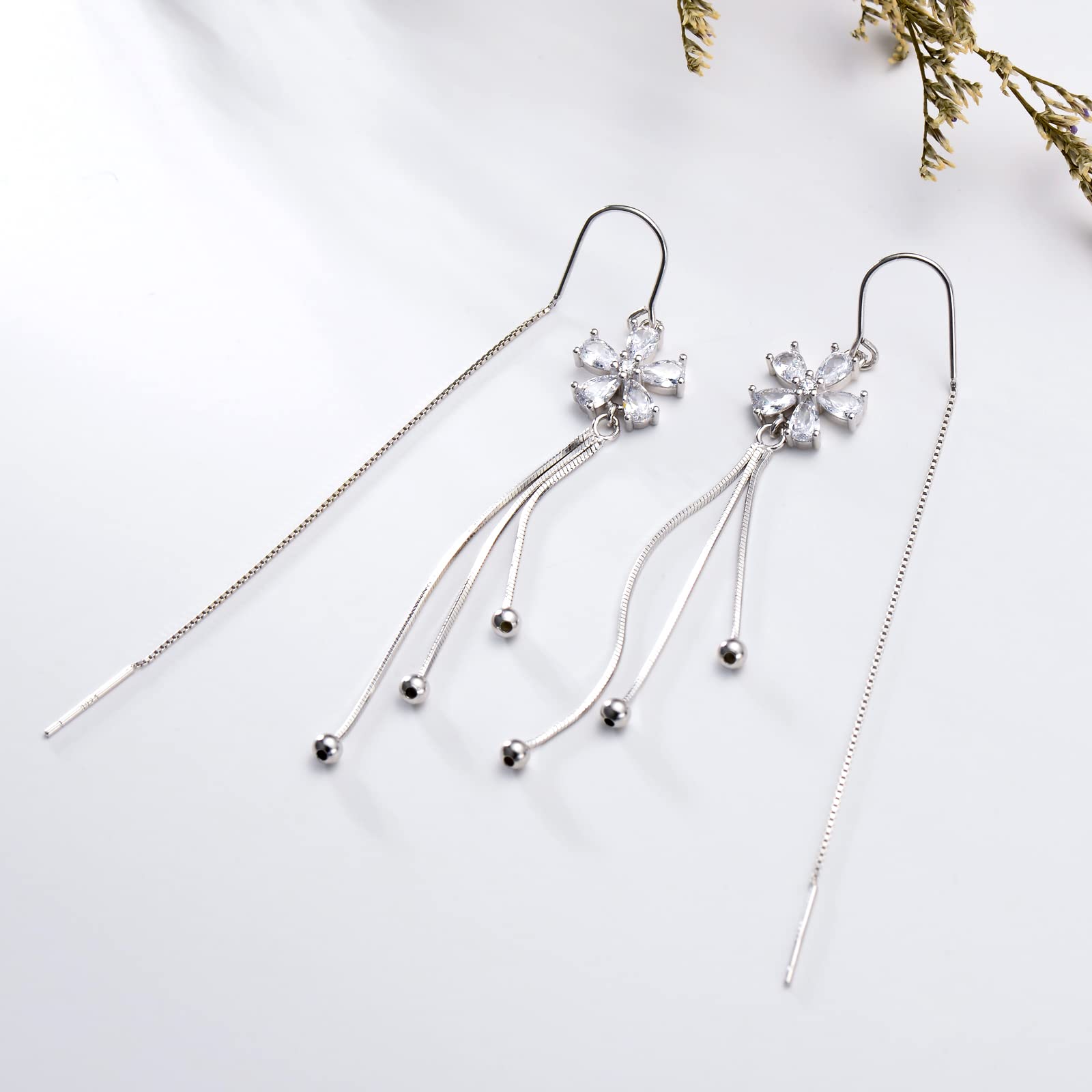 Sterling Silver Threader Earrings with Cubic Zirconia - Elegant Flower, Star, Heart & Butterfly Charms | Long Dangle Drop Earrings for Women & Girls | Perfect for Parties, Weddings & Everyday Wear