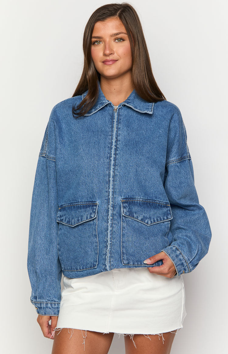 Abigail Mid Wash Denim Bomber Jacket for Women - Vintage Style Denim Jacket with Front Pockets - Perfect for Casual Outfits, Streetwear & Fall Layering