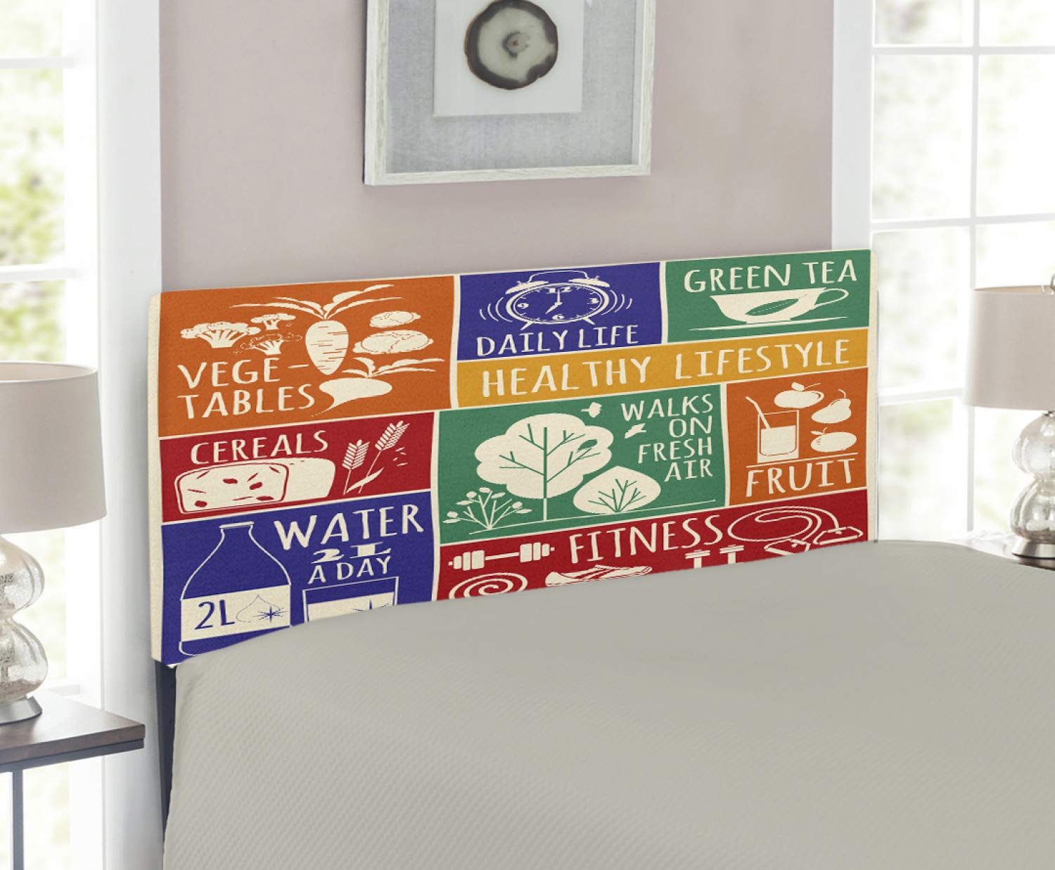 Ambesonne Fitness Headboard - Colorful Frames with Vegetable Exercise Signs, Upholstered Decorative Metal Bed Headboard with Memory Foam, Twin Size, Multicolor | Perfect for Home Gym Decor & Bedroom Fitness Theme