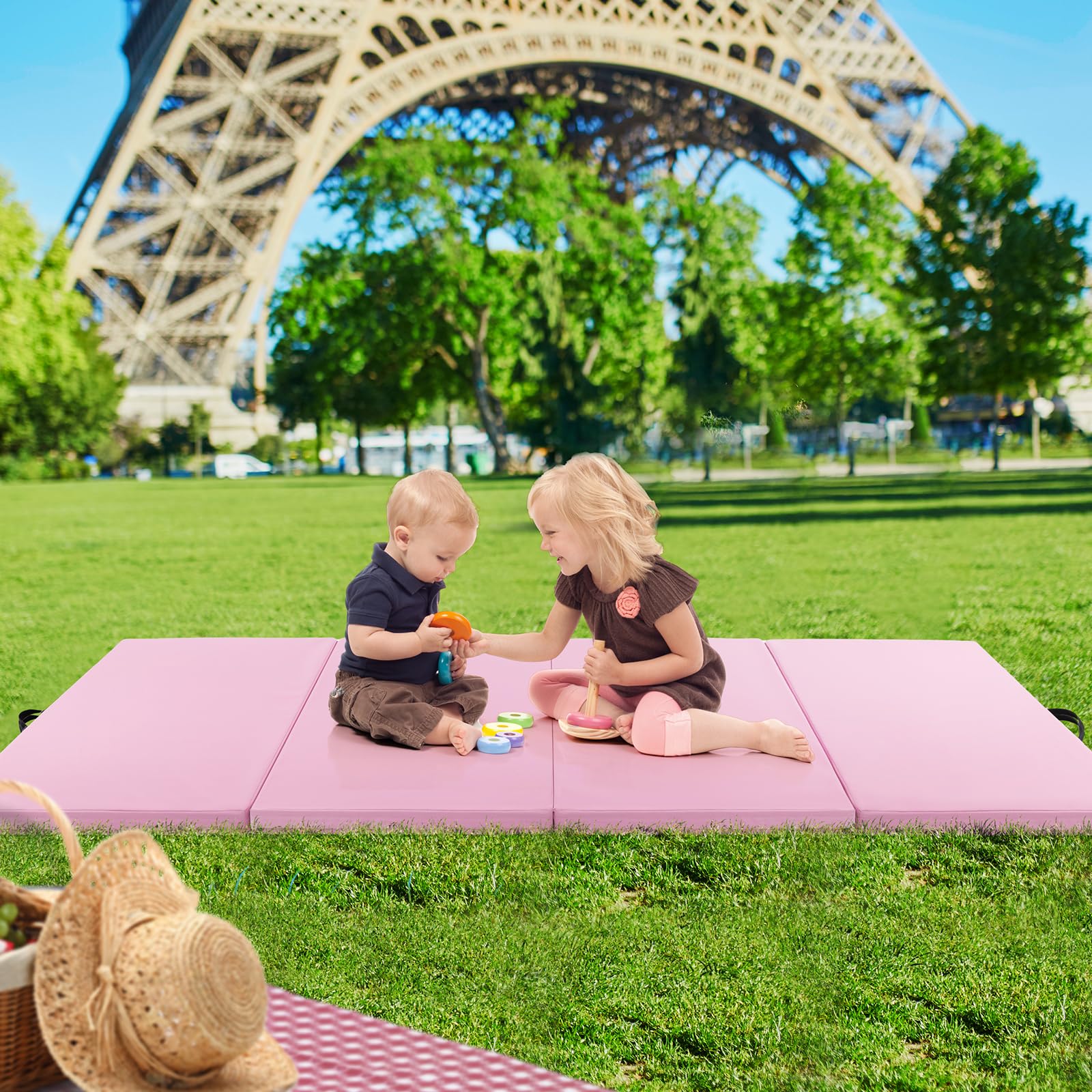 Goplus 10'x4'x2'' Folding Gymnastics Mat - Thick PU Leather Tumbling Mat with Hook & Loop Fasteners & Portable Handles - 4-Panel Exercise Mat for Home Gym, Yoga, Gymnastics, Martial Arts & Kids Play Area