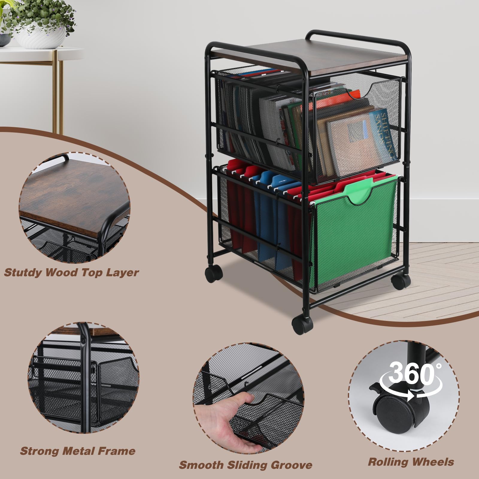 2-Tier Rolling Storage Cart with Wheels - Mobile Utility Organizer for Office, Home, Coffee Bar, Books, Arts & Crafts - Black - Perfect for Small Spaces & Clutter-Free Organization