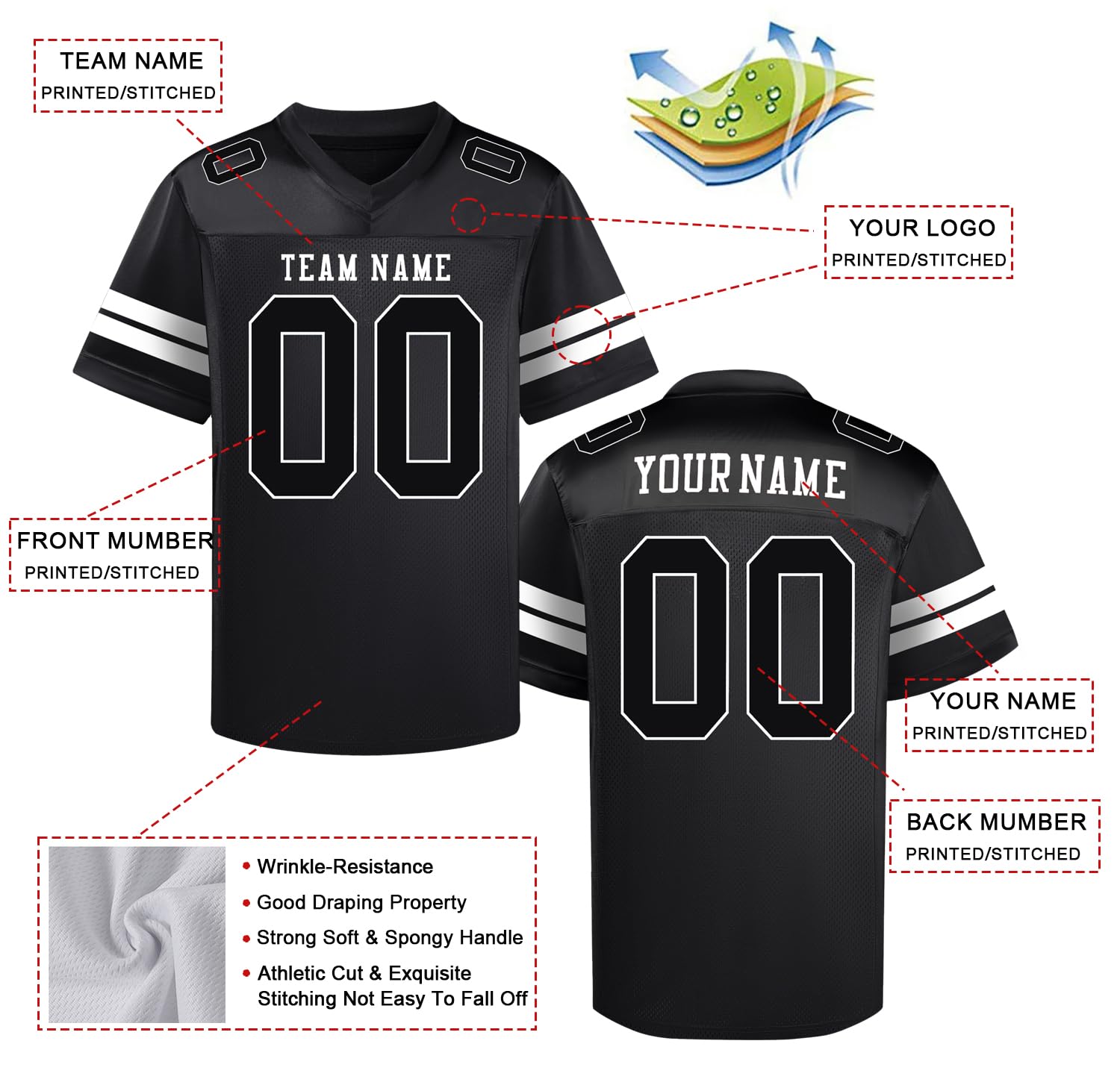 Custom Football Jersey Personalized with Stitched/Printed Team Name & Number - Men's Women's Youth NFL Style Jerseys for Games, Parties & Fan Events