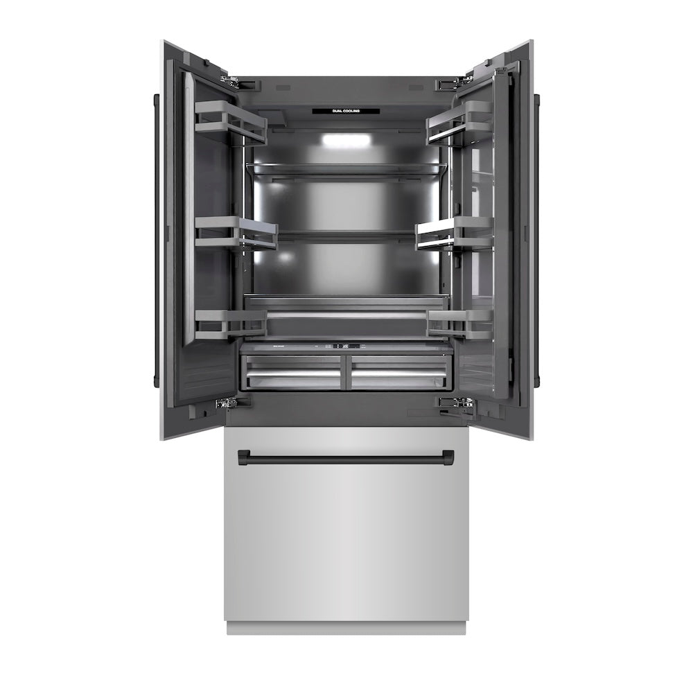 ZLINE Autograph Edition 36 Inch 19.6 Cu Ft French Door Built-In Bottom Freezer Refrigerator with Water Dispenser & Ice Maker - Stainless Steel with Graphite Gray Interior & Matte Black Accents (GRBIVZ 304 36MB) - Perfect for Modern Kitchens & Open Concept Homes