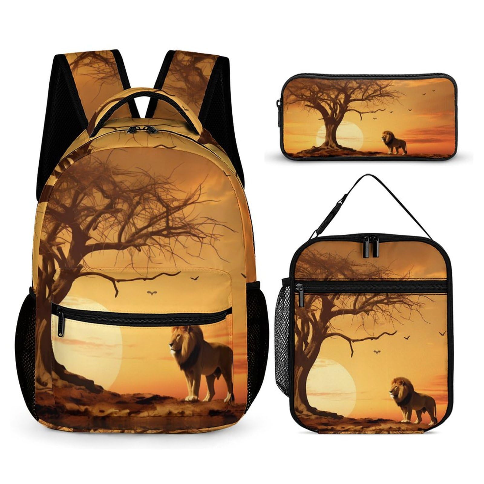 King Lion 3-Piece Backpack Set - Laptop Daypack, Insulated Lunch Tote Bag & Pencil Case for Work, School & Travel | Durable & Stylish for Professionals & Students