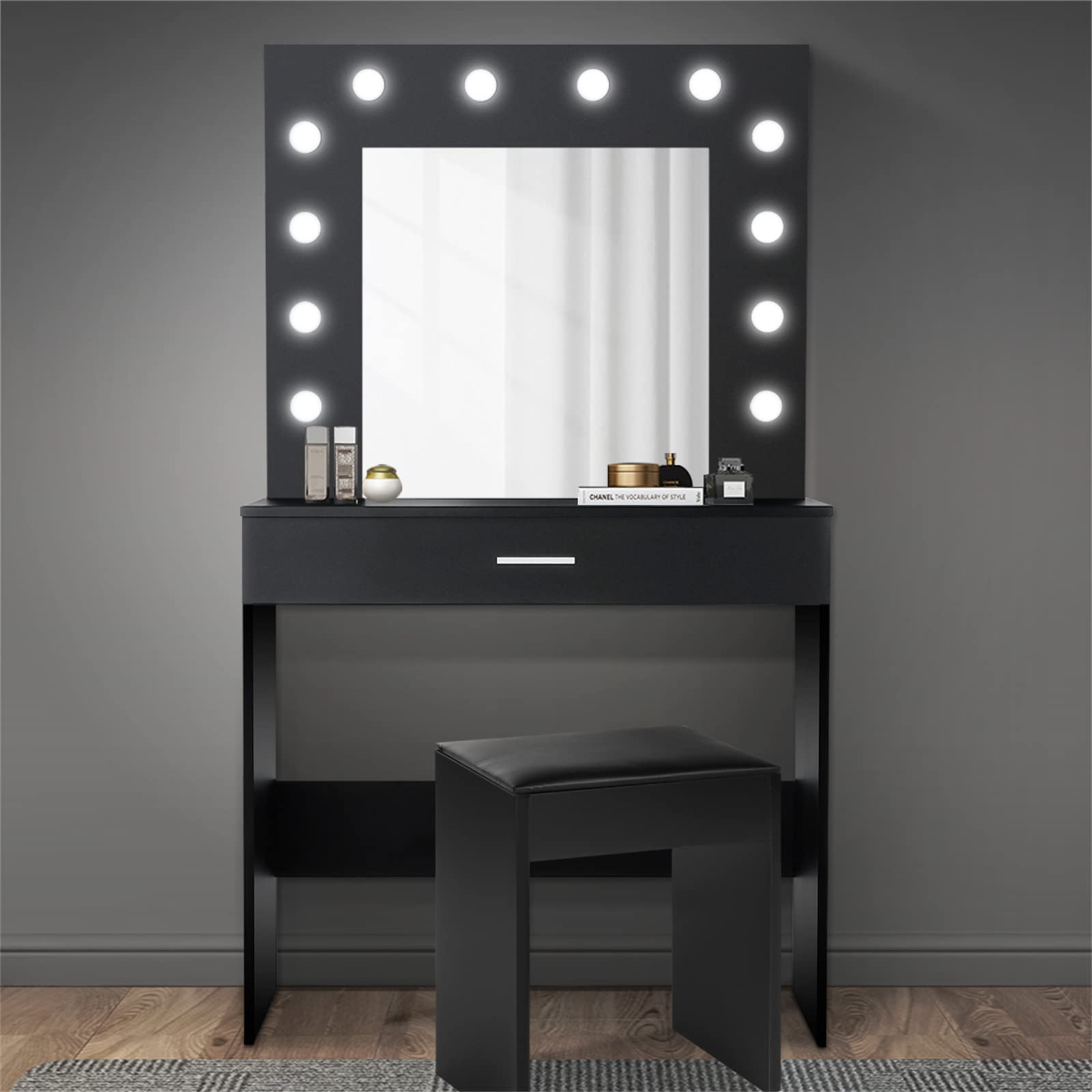 Black Makeup Vanity Set with Mirror, Lights & Cushioned Stool - Large Drawer Vanity Desk for Women | Perfect for Bedroom, Dressing Room & Beauty Salon