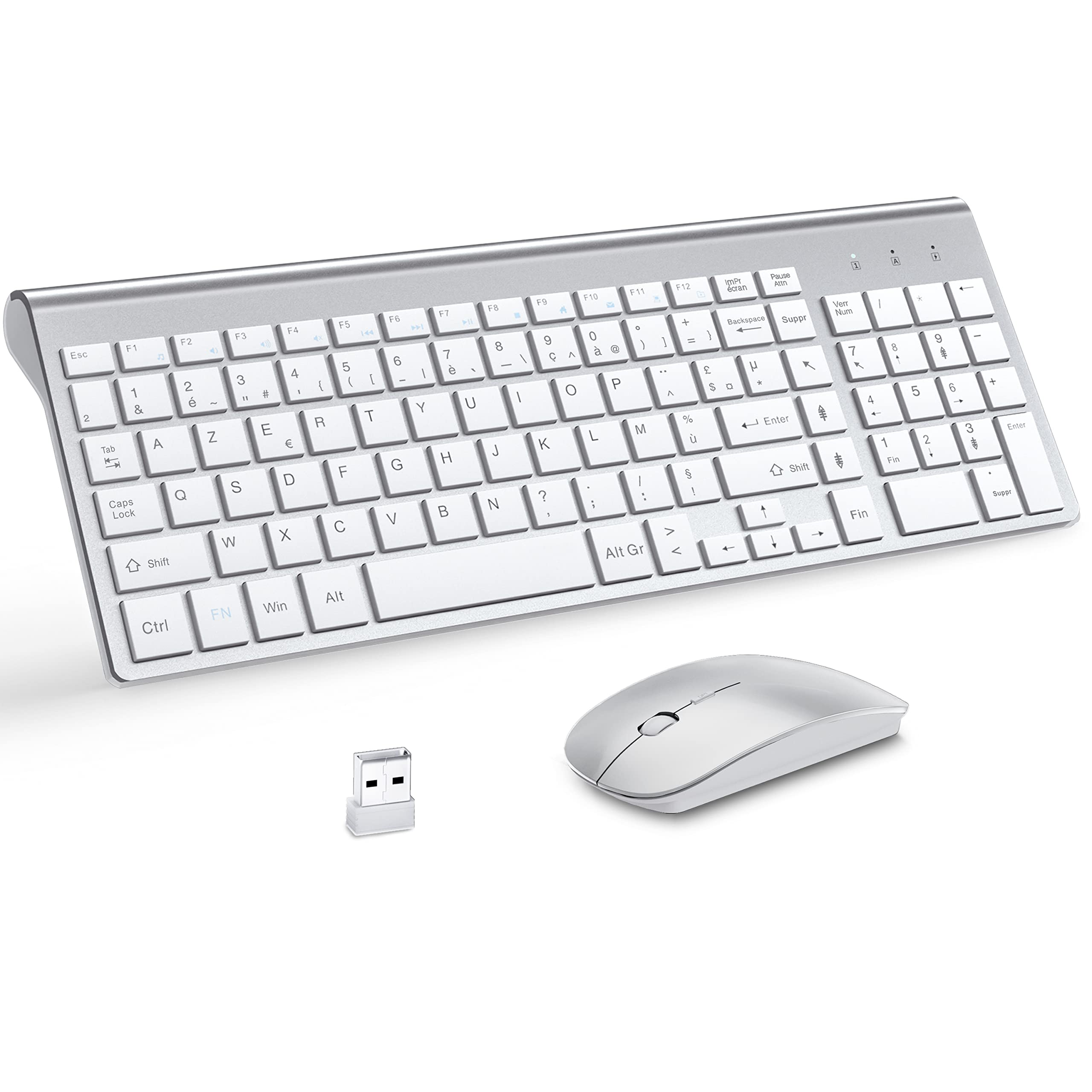 MOOJAY Ultra-Thin Wireless Keyboard and Mouse Set with Mouse Pad - 2.4G USB Silent Compact Scissors Switch Design, Includes Cover & AA/AAA Batteries - Compatible with PC, Laptop, Windows (Silver White) | Perfect for Home Office, Remote Work, and Gaming Setup
