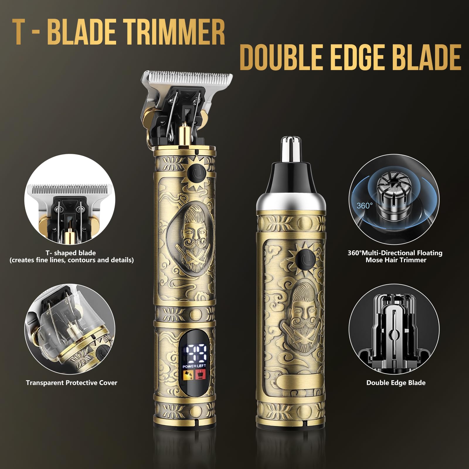 Professional Men's Hair Clippers & Trimmer Kit - T-Blade Nose Hair Trimmer, Zero Gap Haircutting Set with LCD Display (Bronze) | Perfect for Home Barbering, Beard Grooming & Personal Care