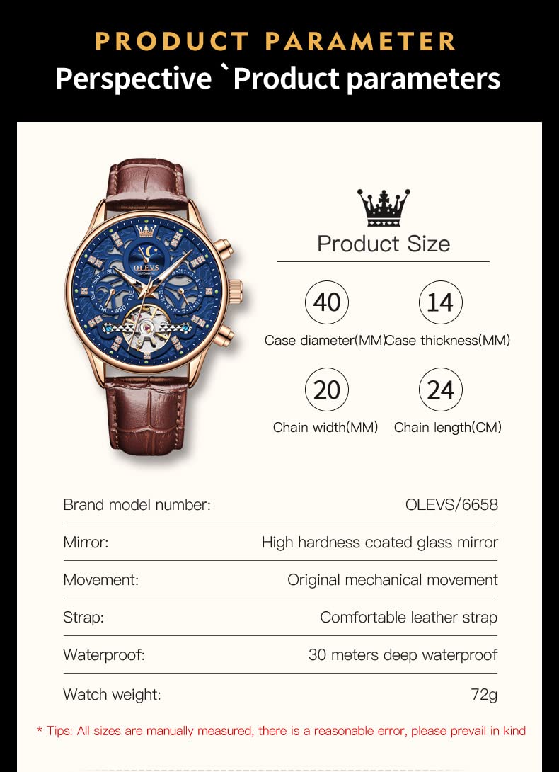 OLEVS Men's Automatic Skeleton Watch - Mechanical Dress & Casual Watch with Moon Phase, Luminous Hands, Waterproof - Brown/Black Leather Strap - Perfect for Business, Dating & Formal Occasions
