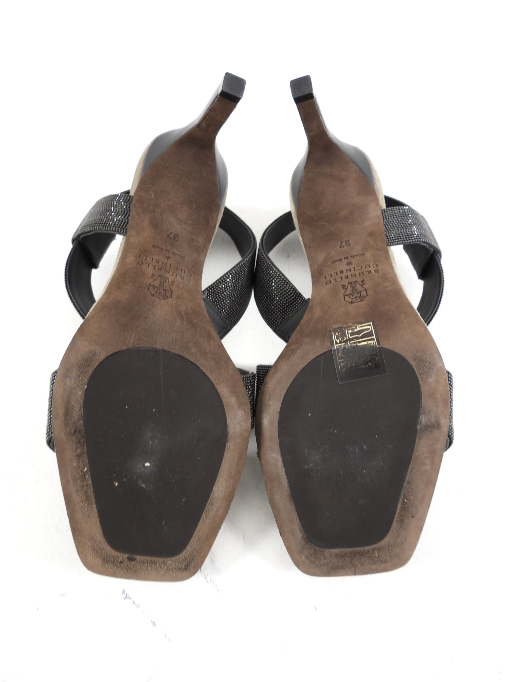 Brunello Cucinelli Grey Monili Bead Heel Sandals for Women - Elegant Beaded Summer Dress Sandals for Weddings & Evening Events