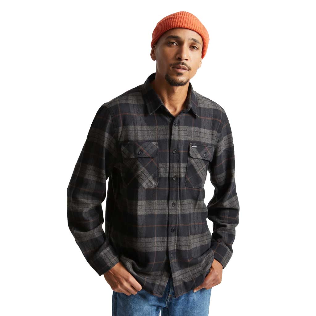 Brixton Bowery Long Sleeve Flannel Shirt - Black & Charcoal Plaid for Men | Casual & Outdoor Wear