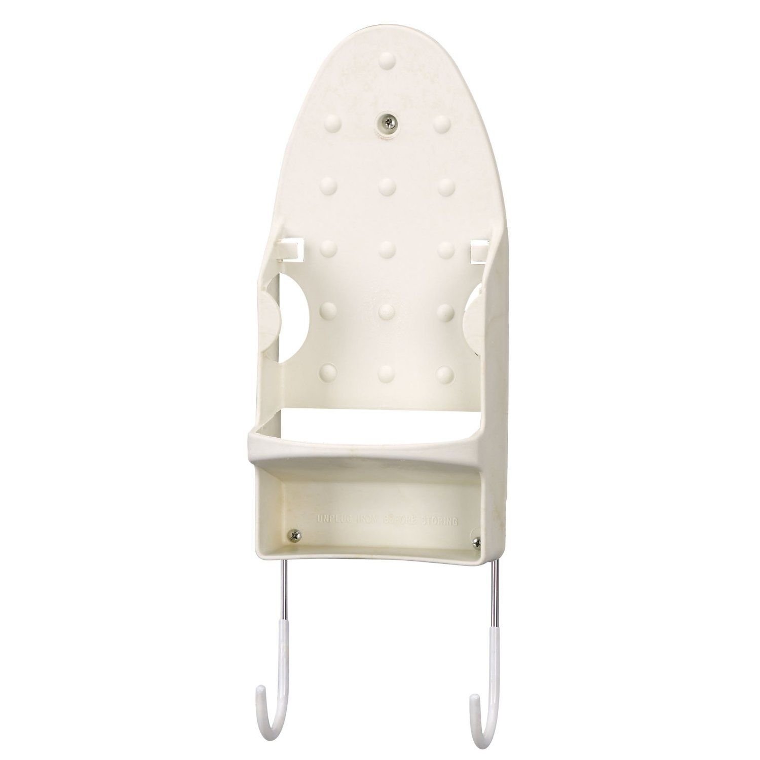 Household Essentials 166-1 White Wall Mount Iron Holder with Built-in Ironing Board Hooks - Perfect for Laundry Rooms, Closets & Small Spaces