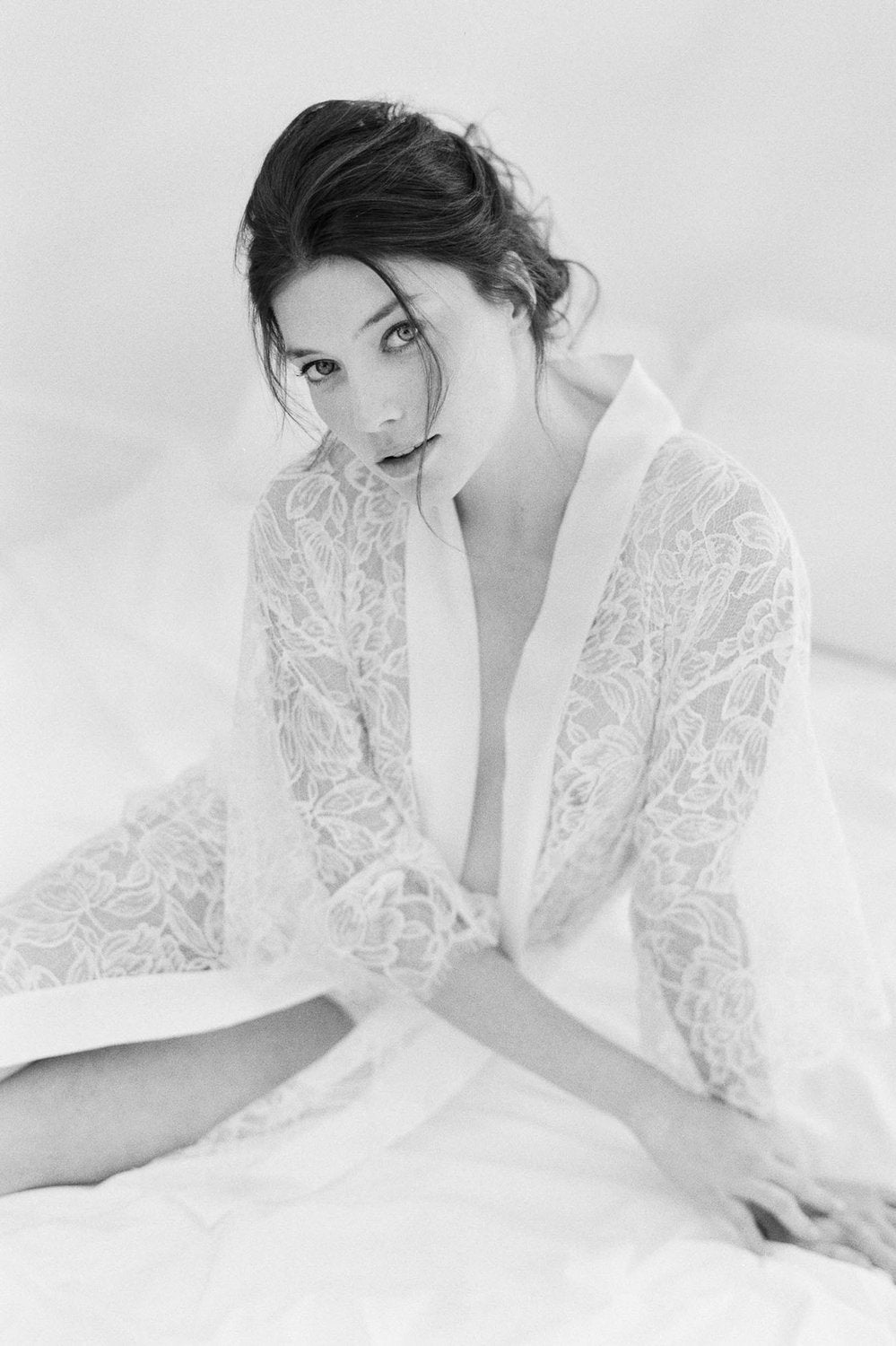 Ivory Tulip French Lace & Silk Kimono Robe - Elegant Loungewear for Women, Bridal Party, Spa & Special Occasions