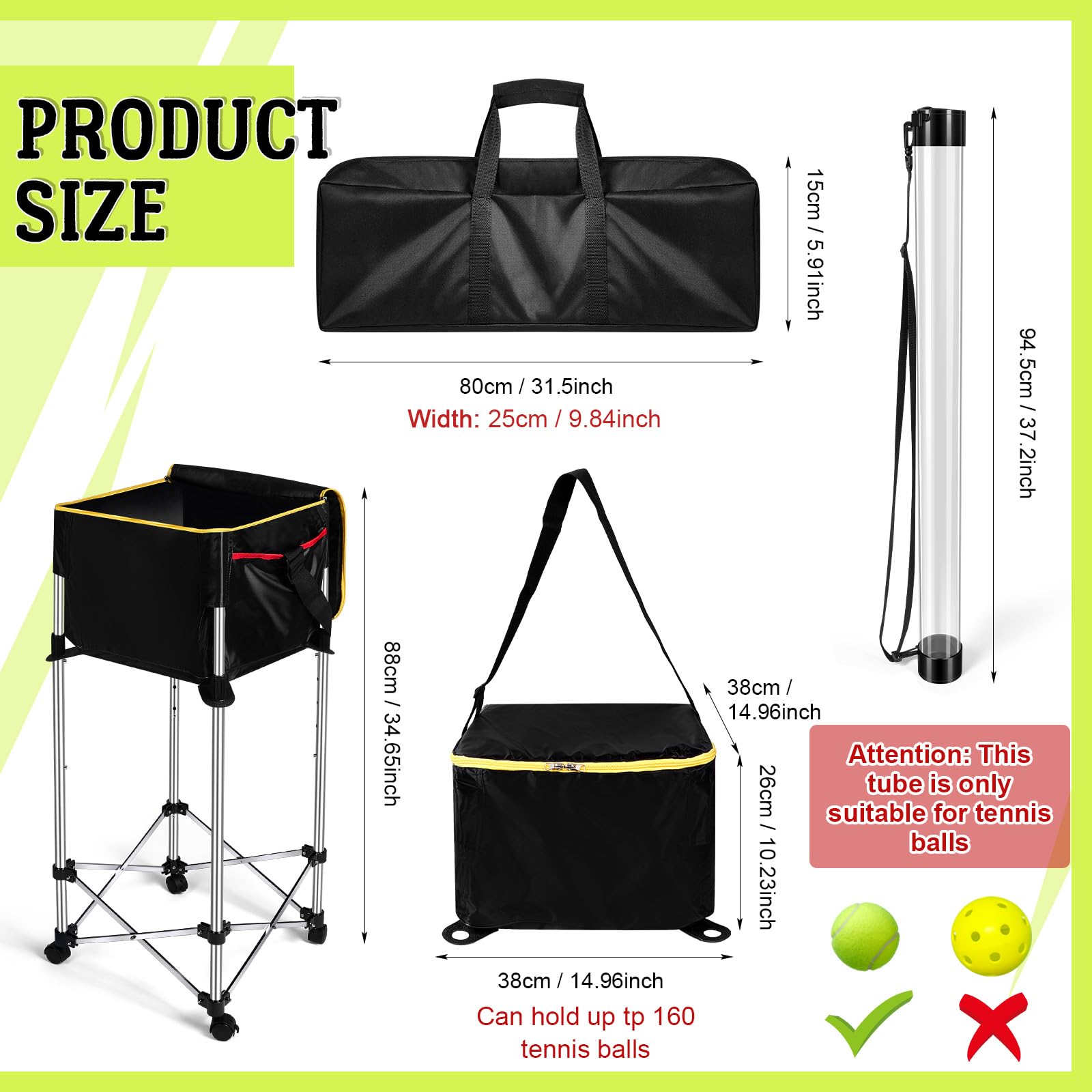 Deekin 2 Pack Portable Tennis Ball Cart with Wheels - Tennis Ball Collector, Picker Upper & Retriever Tube - Includes Storage Bag for Easy Transport - Perfect for Baseball, Tennis Practice & Court Training (Medium Size)