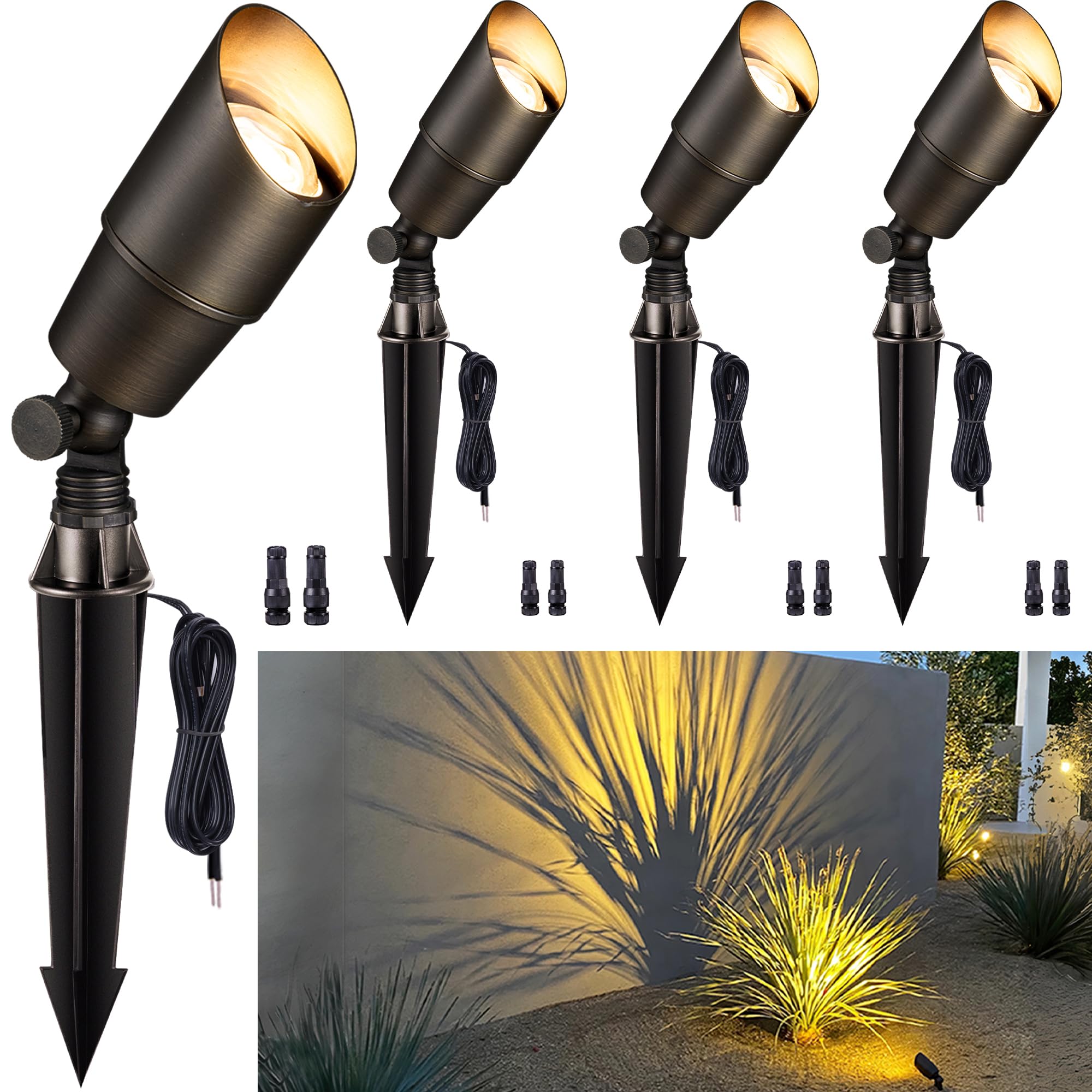 Antique Bronze 12V Low Voltage LED Landscape Lighting - Waterproof Outdoor Spotlights for Trees, Gardens, and Pathways (4 Pack) | Perfect for Uplighting Trees, Highlighting Garden Features, and Creating Ambient Outdoor Lighting