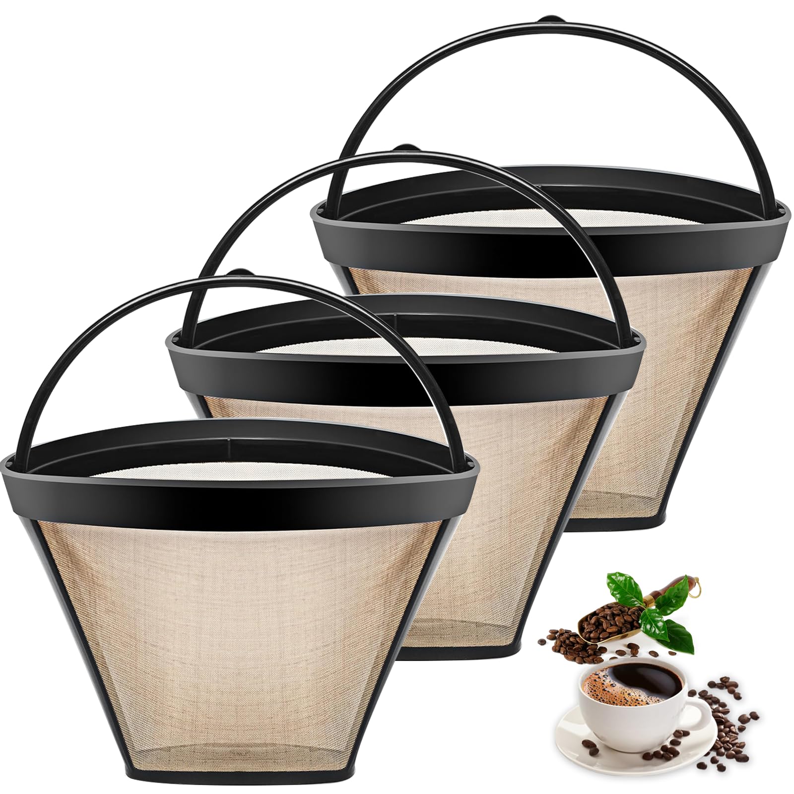 Reusable Coffee Filters for Ninja & Cuisinart - 3Pcs Cone Filters for Home & Office Brewing
