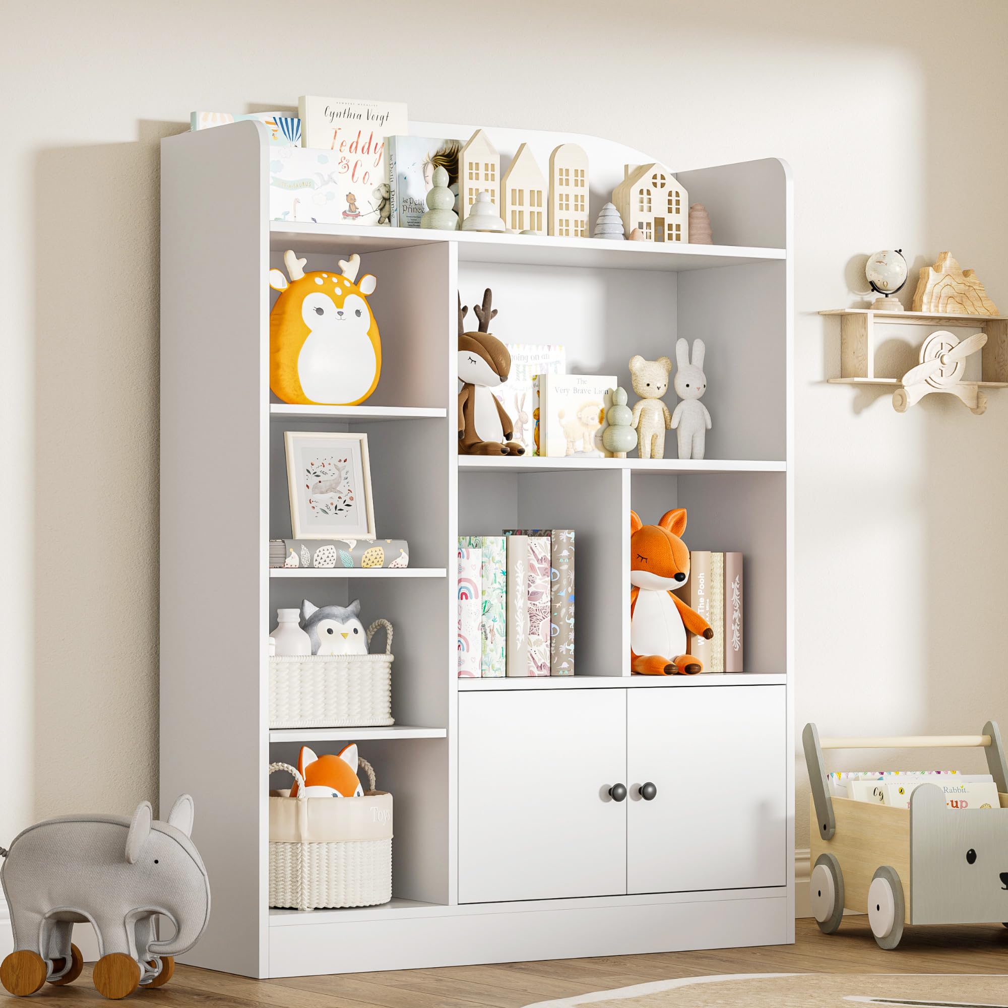 White Kids Bookshelf - 7 Cubbies & 2 Cabinets Book Storage Organizer for Bedroom, Playroom, Nursery | Sturdy Freestanding Bookcase for Children's Books, Toys & Decor | Perfect for Reading Nooks, Daycare & Homeschool Classrooms