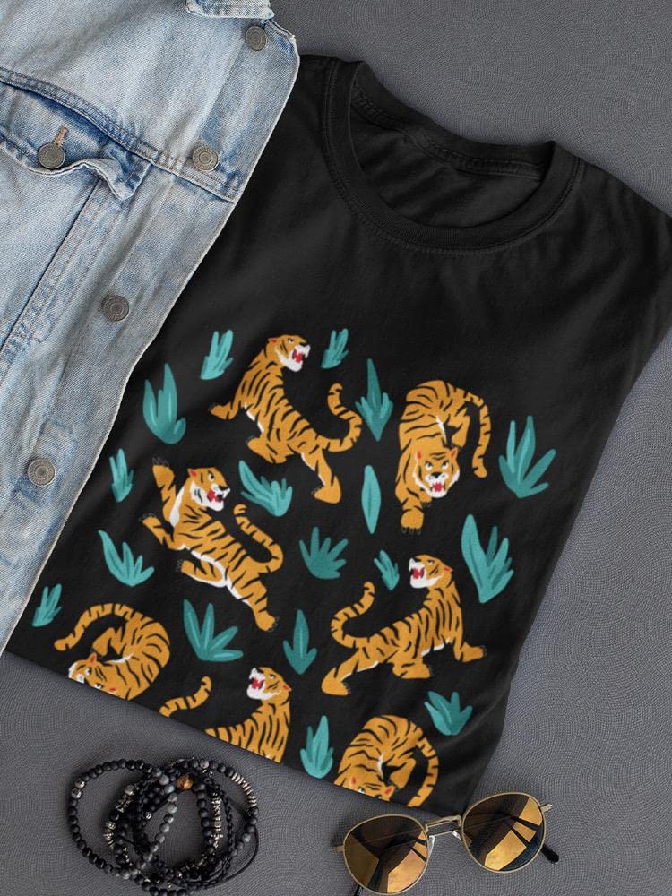 Women's Tigers and Plants Graphic T-Shirt - SmartPrintsInk Designs Black | Casual Wear, Street Style & Nature Lover Outfit