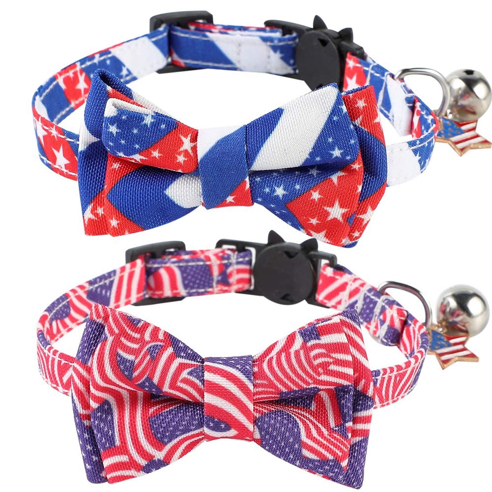 NACOCO 2 Pack Patriotic Dog Collars - USA Flag Pattern Pet Necklace for Small & Medium Dogs & Cats - Independence Day Accessories & Decoration (Red White Blue Stars & Stripes) - Perfect for 4th of July, Memorial Day & Veterans Day Celebrations