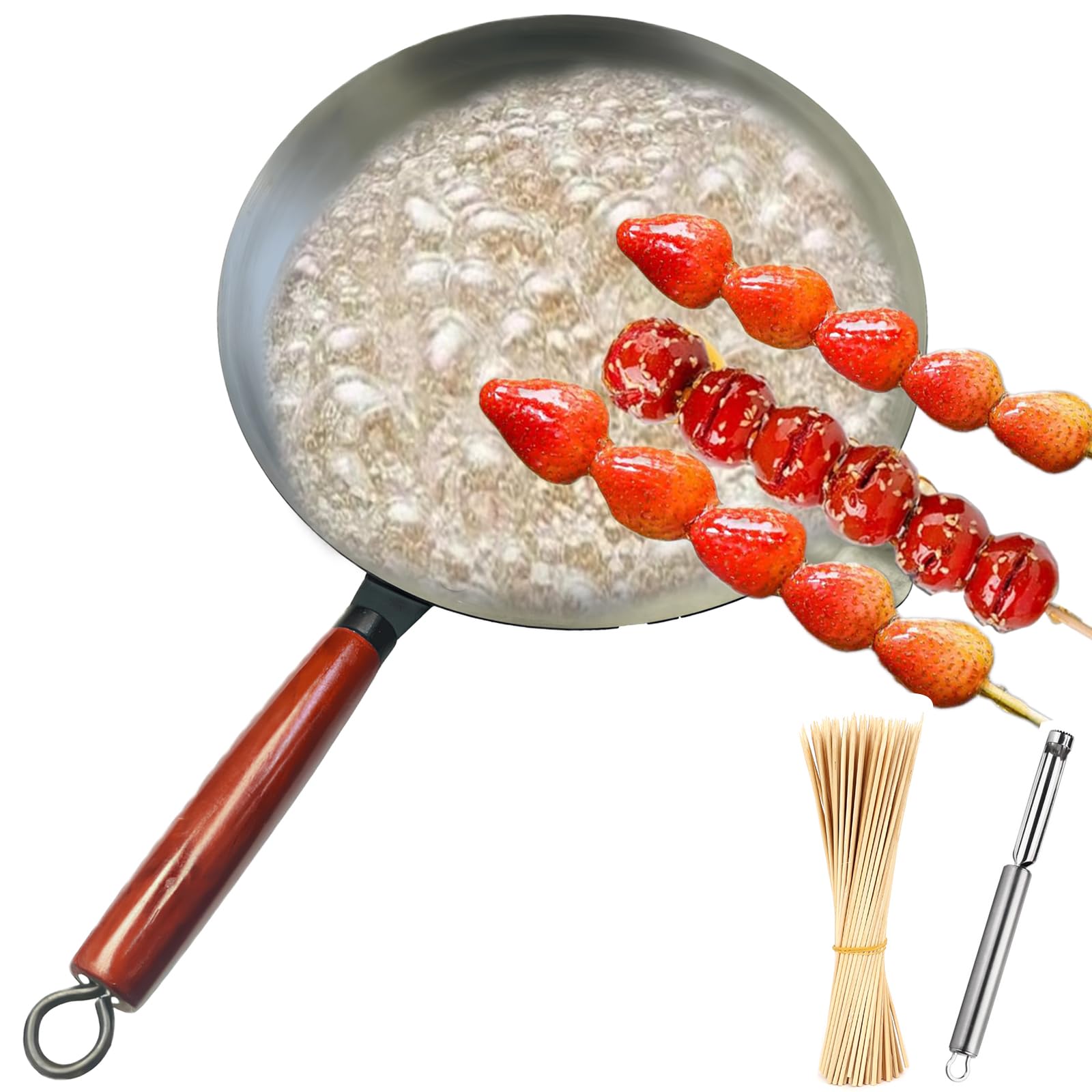 Large Cast Iron Melting Pot for Tanghulu, Sugar Dipping & Candy Making - Heavy Duty Stove Top Wok with Handle & Accessories - Perfect for DIY Candies, Chocolate Melting & Asian Dessert Cooking