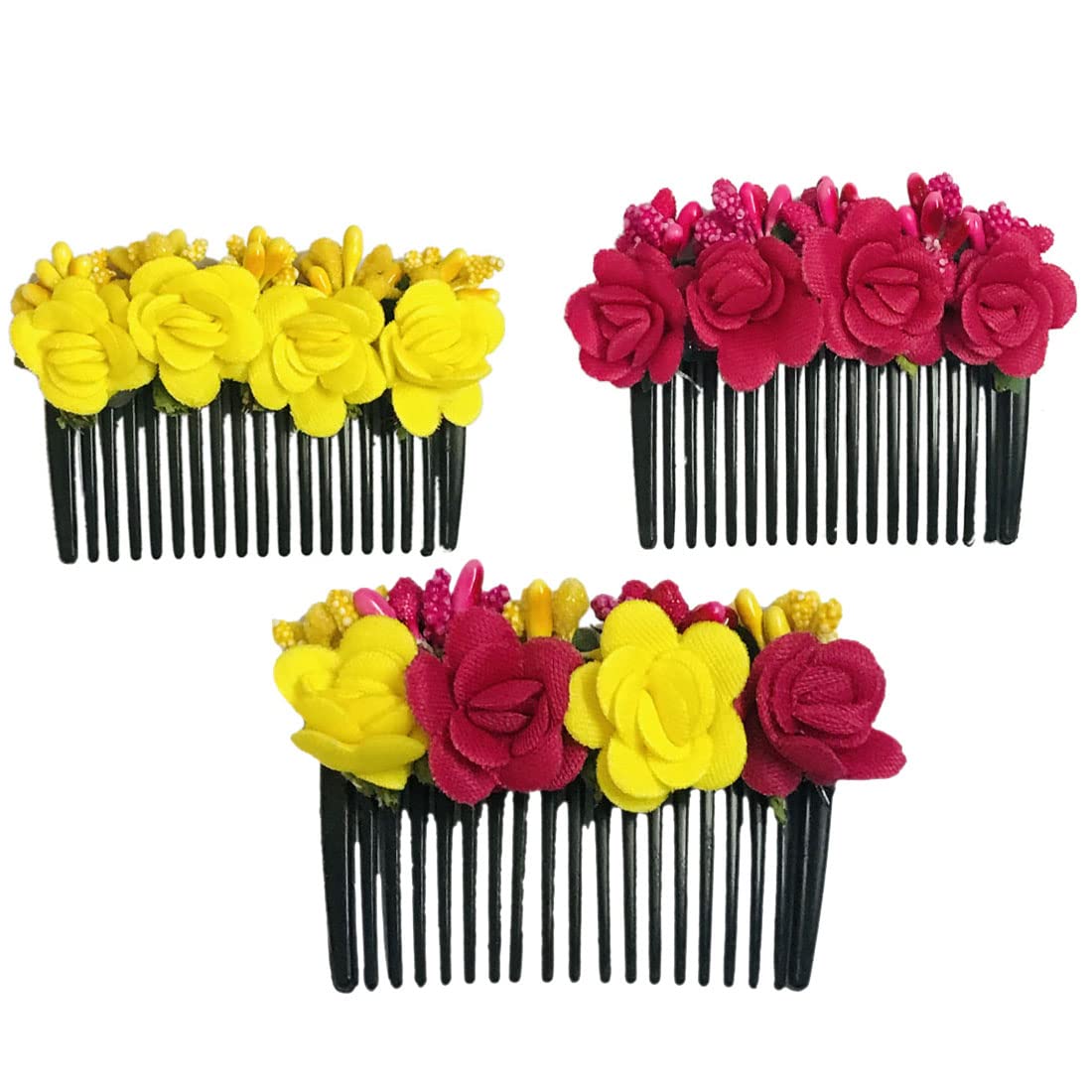 Arooman™ Artificial Flower Hair Side Comb - Women's & Girls' Hair Accessories - Yellow & Rani Pink Pack_03 - Perfect for Weddings, Parties & Everyday Wear