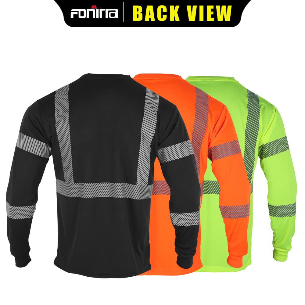 FONIRRA 3-Pack ANSI Class 3 High Visibility Safety Shirts - Reflective Long Sleeve Work T-Shirts for Men - Ideal for Construction, Road Work & Nighttime Safety