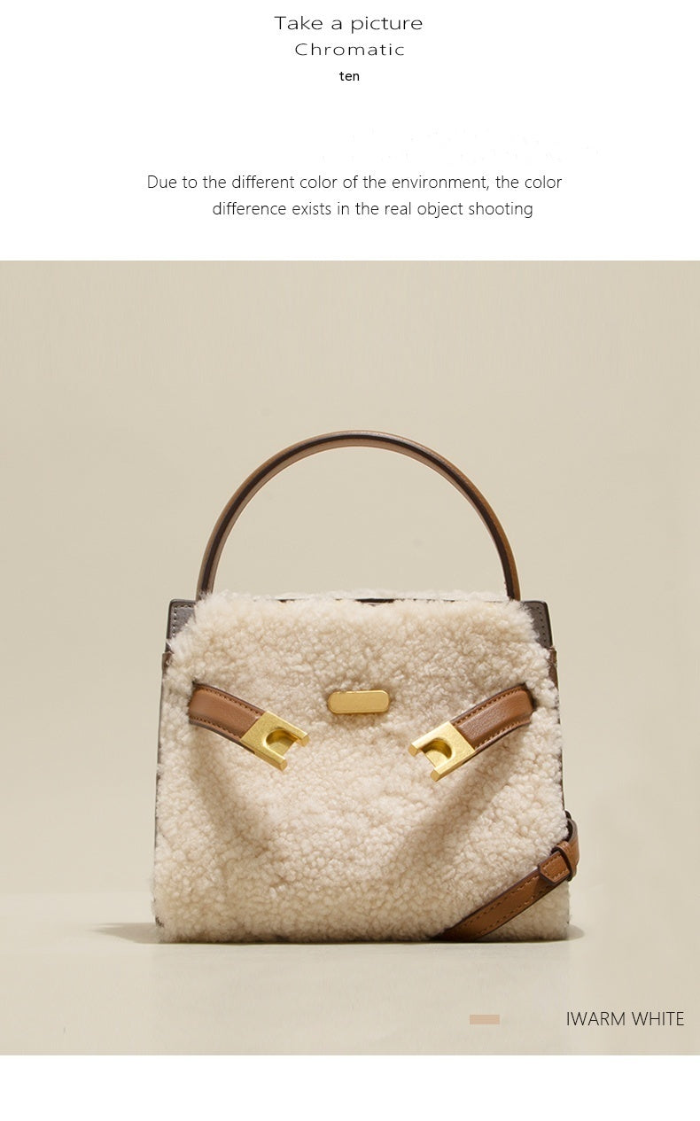 Premium Genuine Leather & Lamb Wool Winter Tote Bag - Women's Fashion Shoulder Bag & Crossbody Purse for Work, Travel & Daily Use