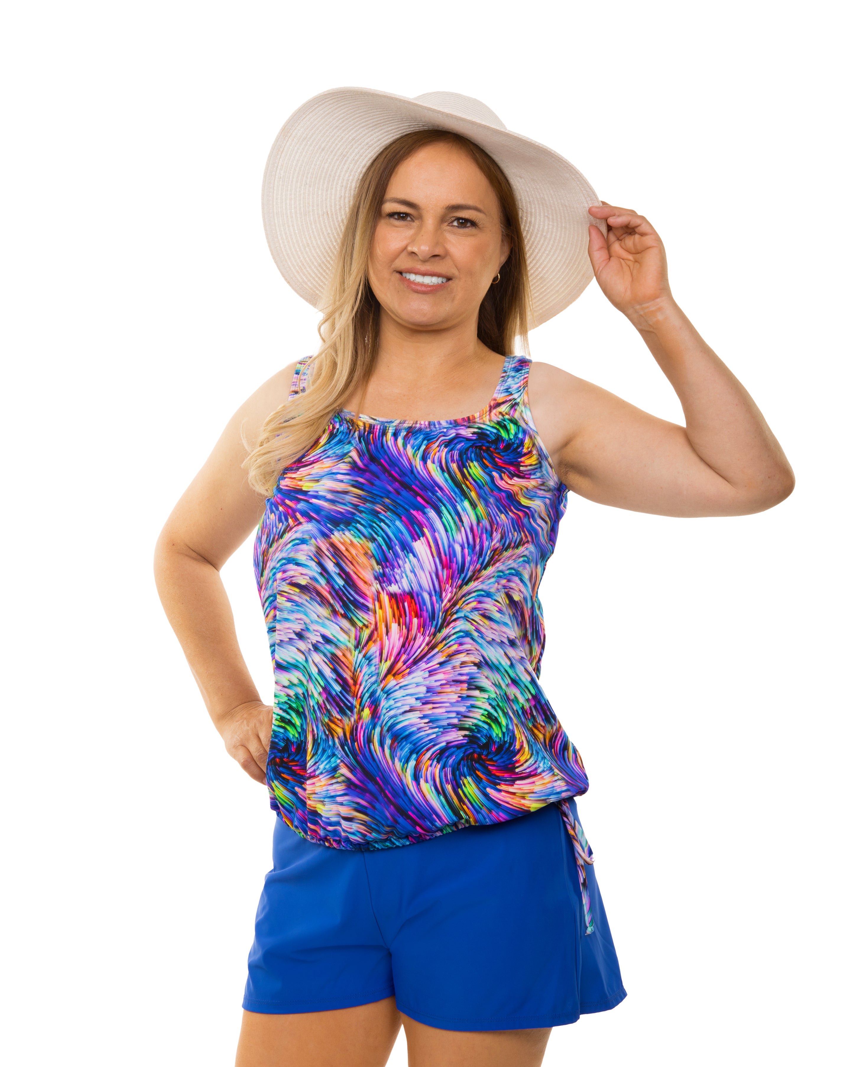 Missy Tank Strap Blouson Top with Rainbow Wave Print - Stylish Summer Beachwear for Women