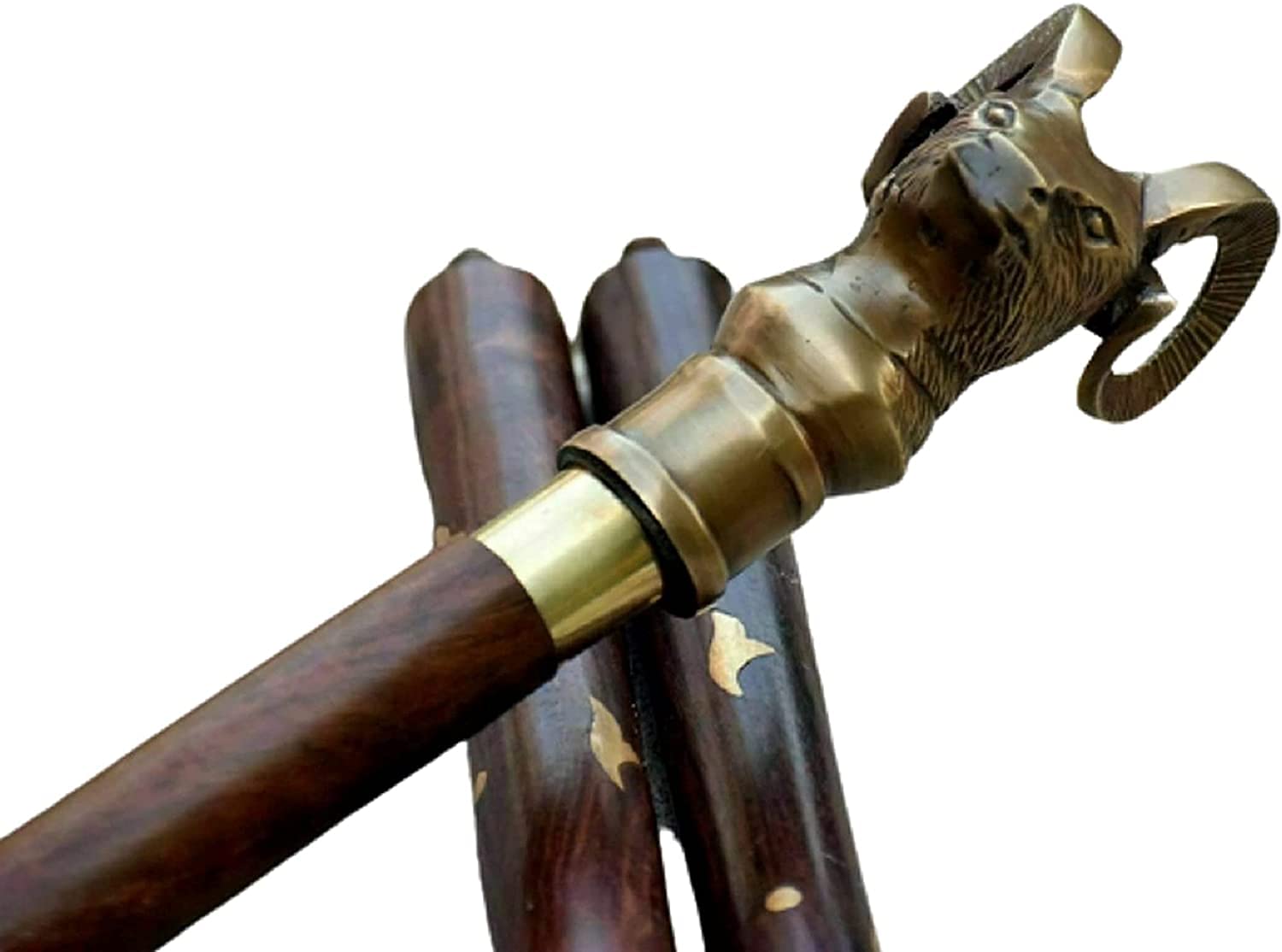 Vintage Wooden Walking Cane with Brass Mountain Goat Handle - 36 Inch Antique Brown Walking Stick for Seniors, Men & Women - Perfect for Hiking, Outdoor Activities & Elderly Support