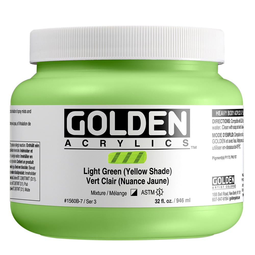 GOLDEN Heavy Body Acrylic Paint - Light Green (Yellow Shade) 32oz Jar - Professional Semi-Opaque Acrylics for Canvas Painting & Fine Art