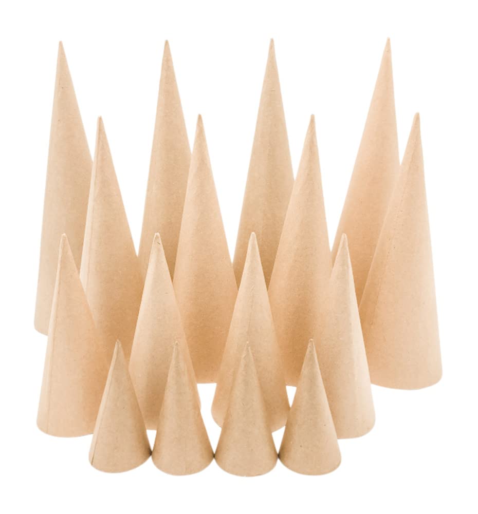 16-Piece Paper Mache Craft Cones Set - Open Bottom Cardboard Cones for DIY Gnomes, Ornaments & Tree Decorations (4 Sizes: 13.75x5